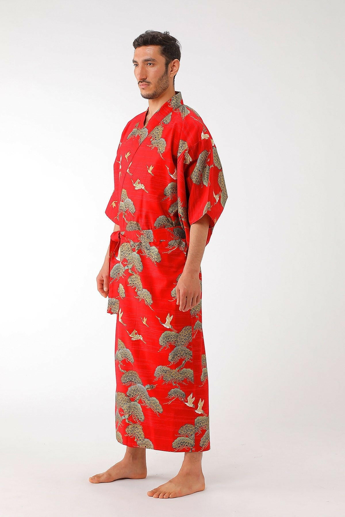 Men Pine & Crane Cotton Yukata Kimono Color Red Model Side View