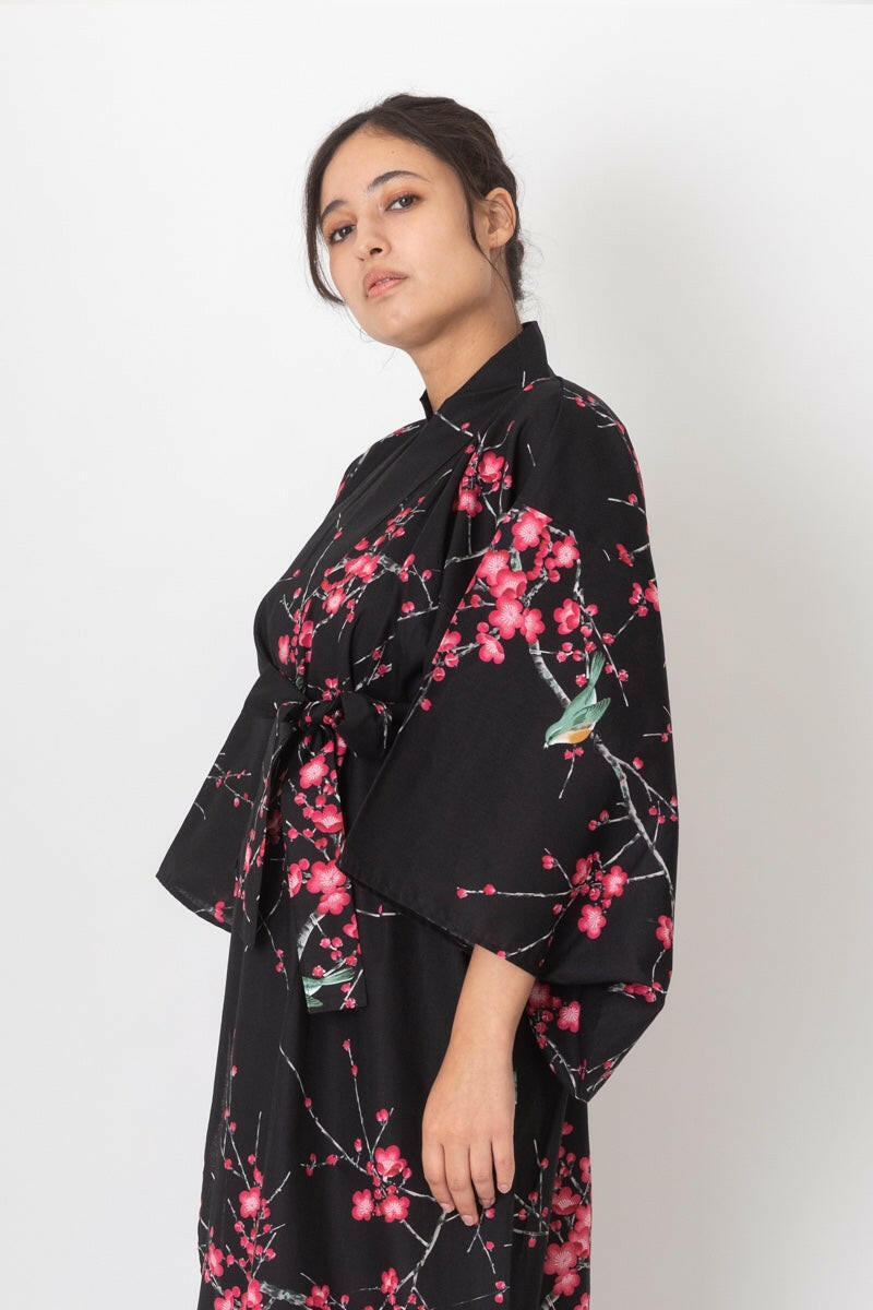 Women Plum & Bush Warbler Cotton Short Yukata Kimono Color Black Women Side View