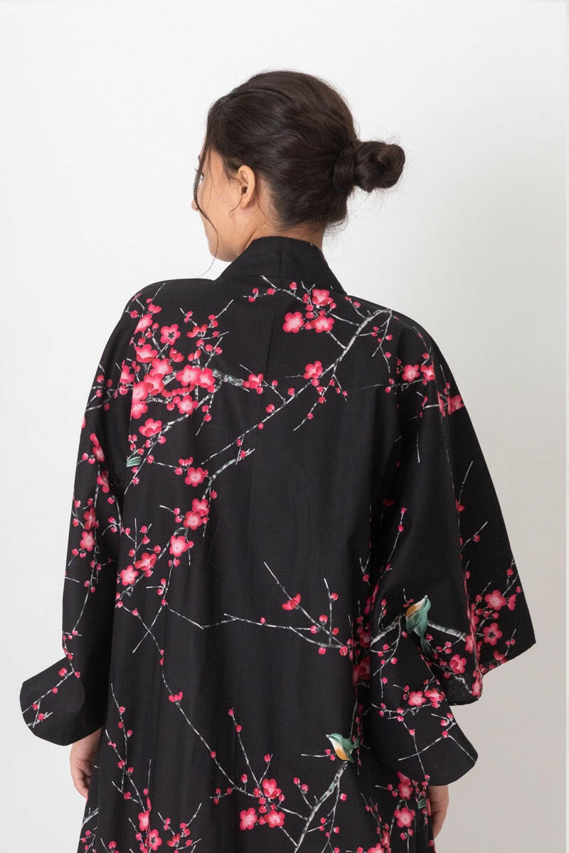 Women Plum & Bush Warbler Cotton Short Yukata Kimono Color Black Women Rear View