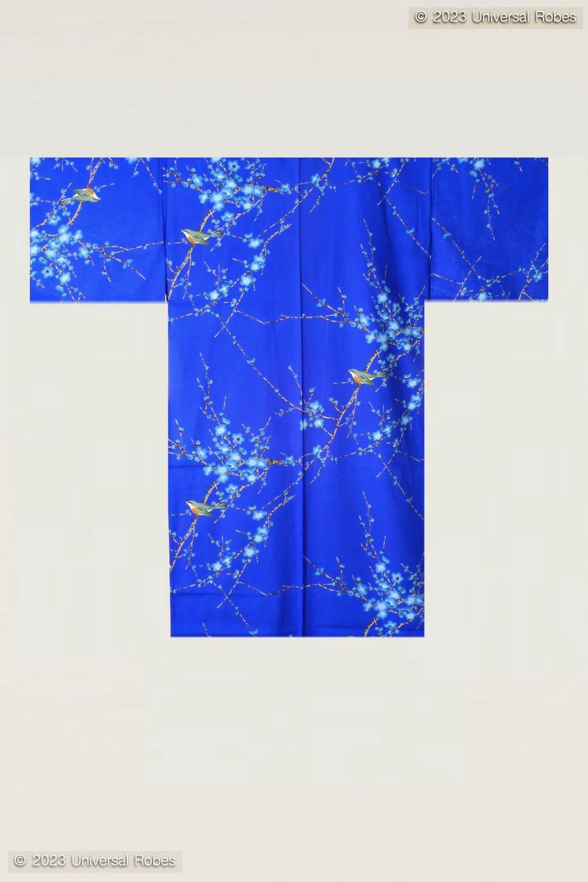 Women Plum & Bush Warbler Cotton Short Yukata Kimono Color Blue Product Whole View