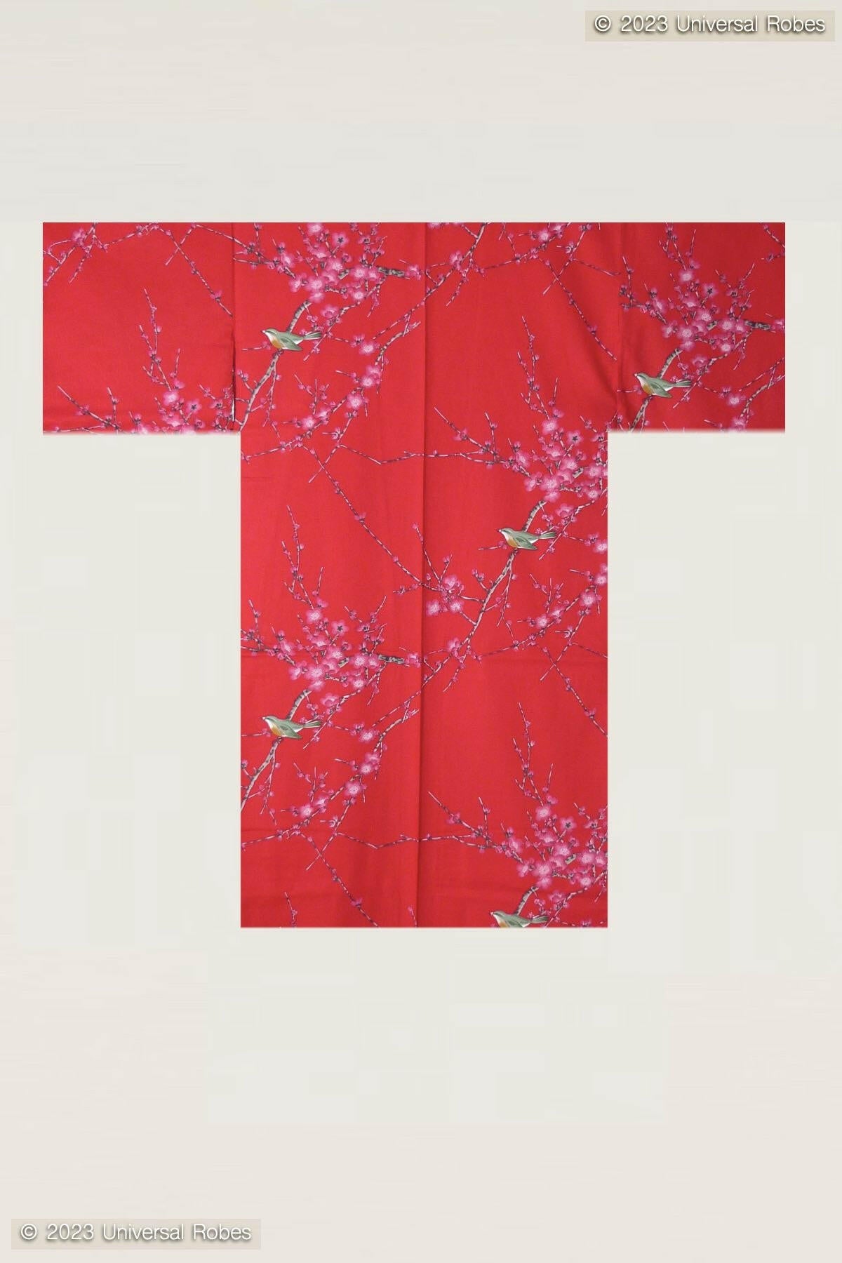 Women Plum & Bush Warbler Cotton Short Yukata Kimono Color Red Product Whole View