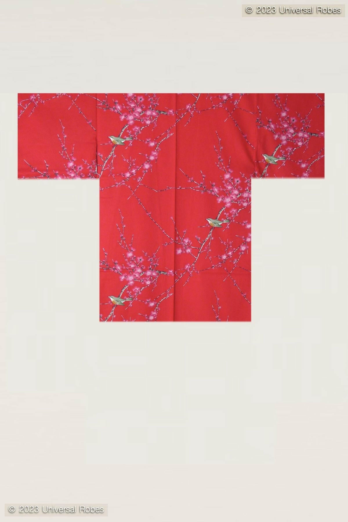 Women Plum & Bush Warbler Cotton Very Short Yukata Kimono Color Red Product Whole View