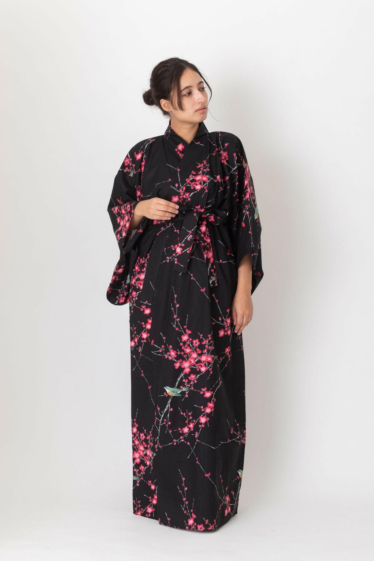 Women Plum & Bush Warbler Cotton Yukata Kimono Color Black Model Front View