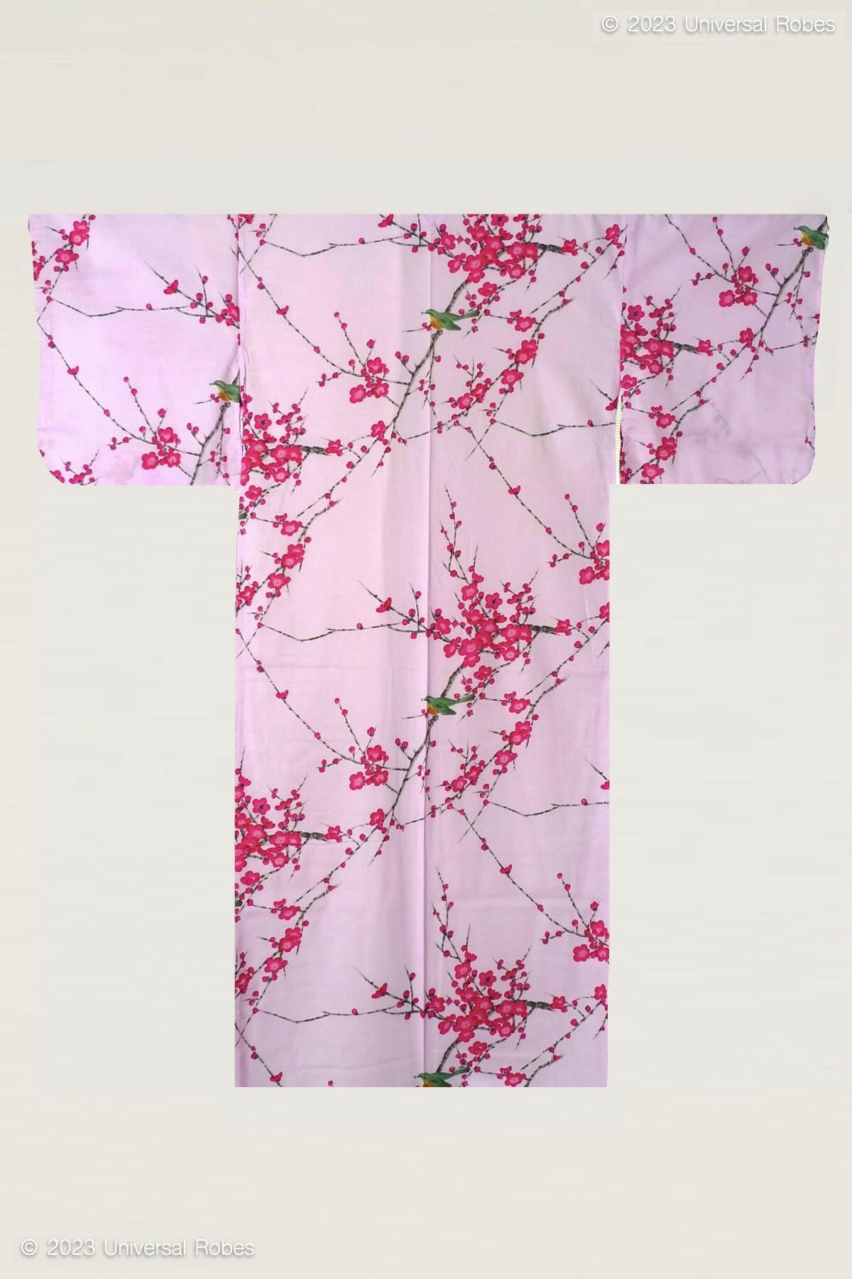 Women Plum & Bush Warbler Cotton Yukata Kimono Color Pink Product Whole View