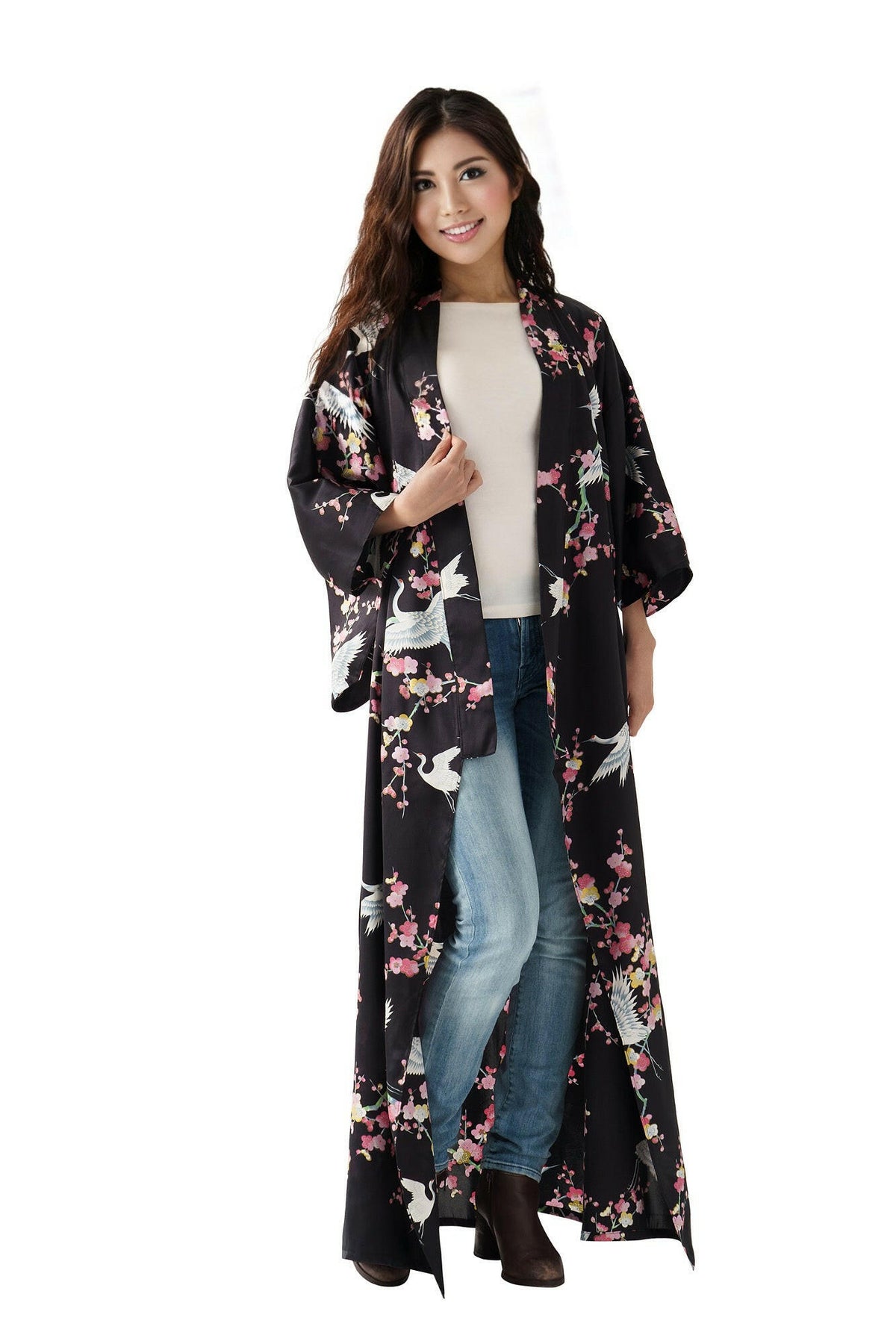 Women Plum & Crane Silk Kimono Color Black Model Front No Belt View