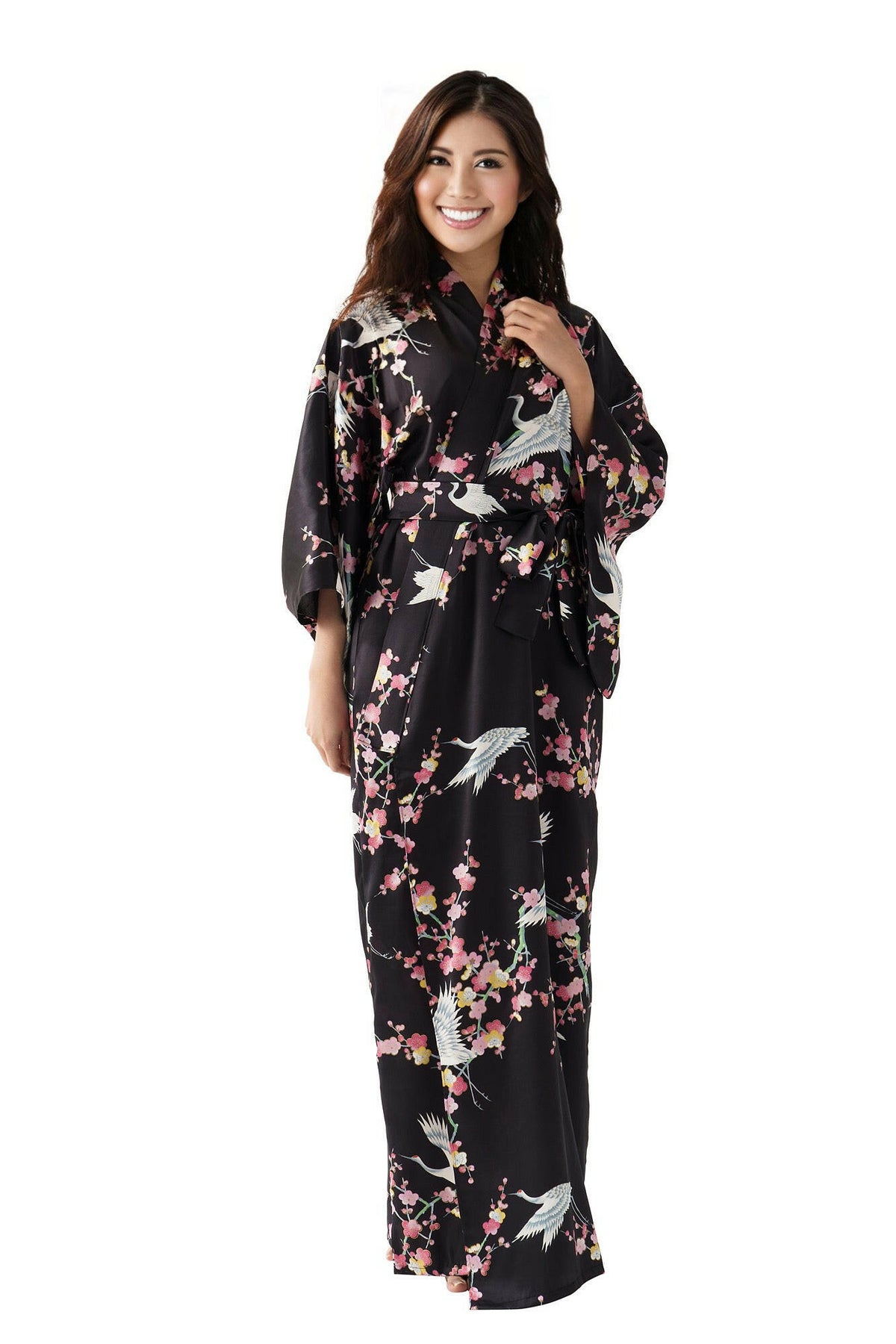 Women Plum & Crane Silk Kimono Color Black Model Front View