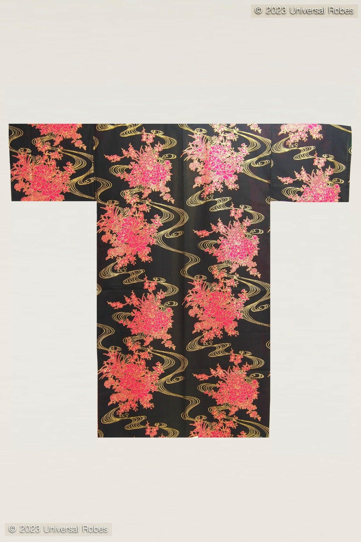 <Plus Size> Women Flowing Peony Cotton Yukata Kimono Color Black Product Whole View