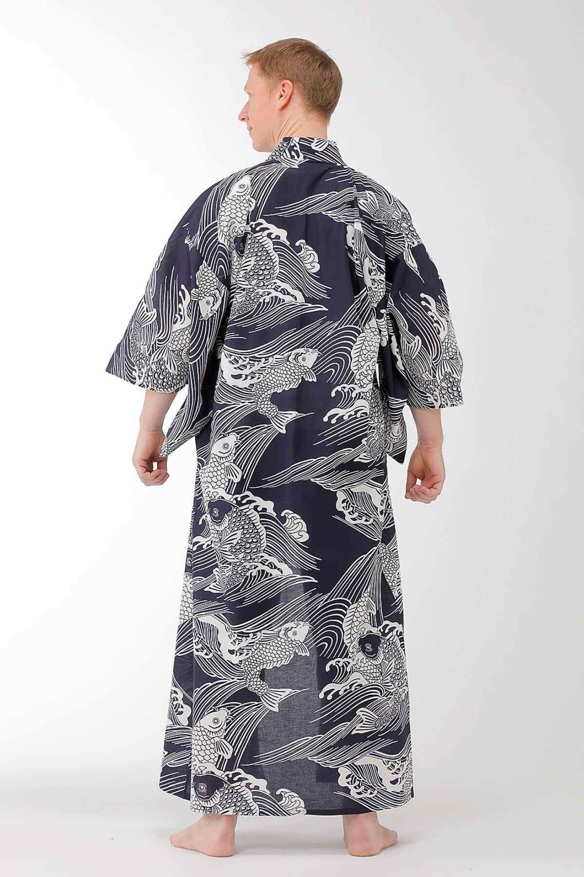 <Plus Size> Men Carp Cotton Yukata Kimono Model Rear View