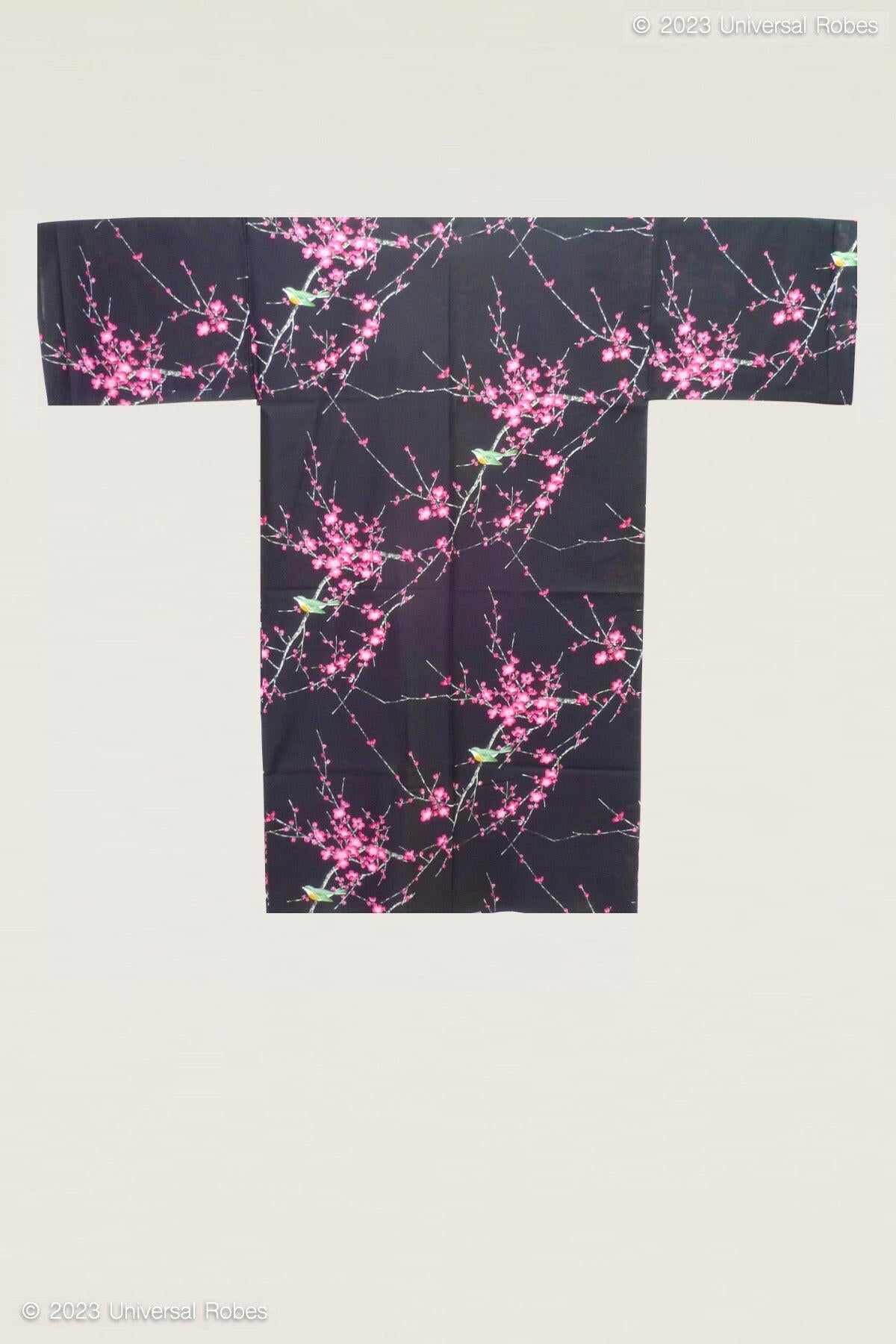 <Plus Size> Women Plum & Bush Warbler Cotton Yukata Kimono Color Black Product Whole View