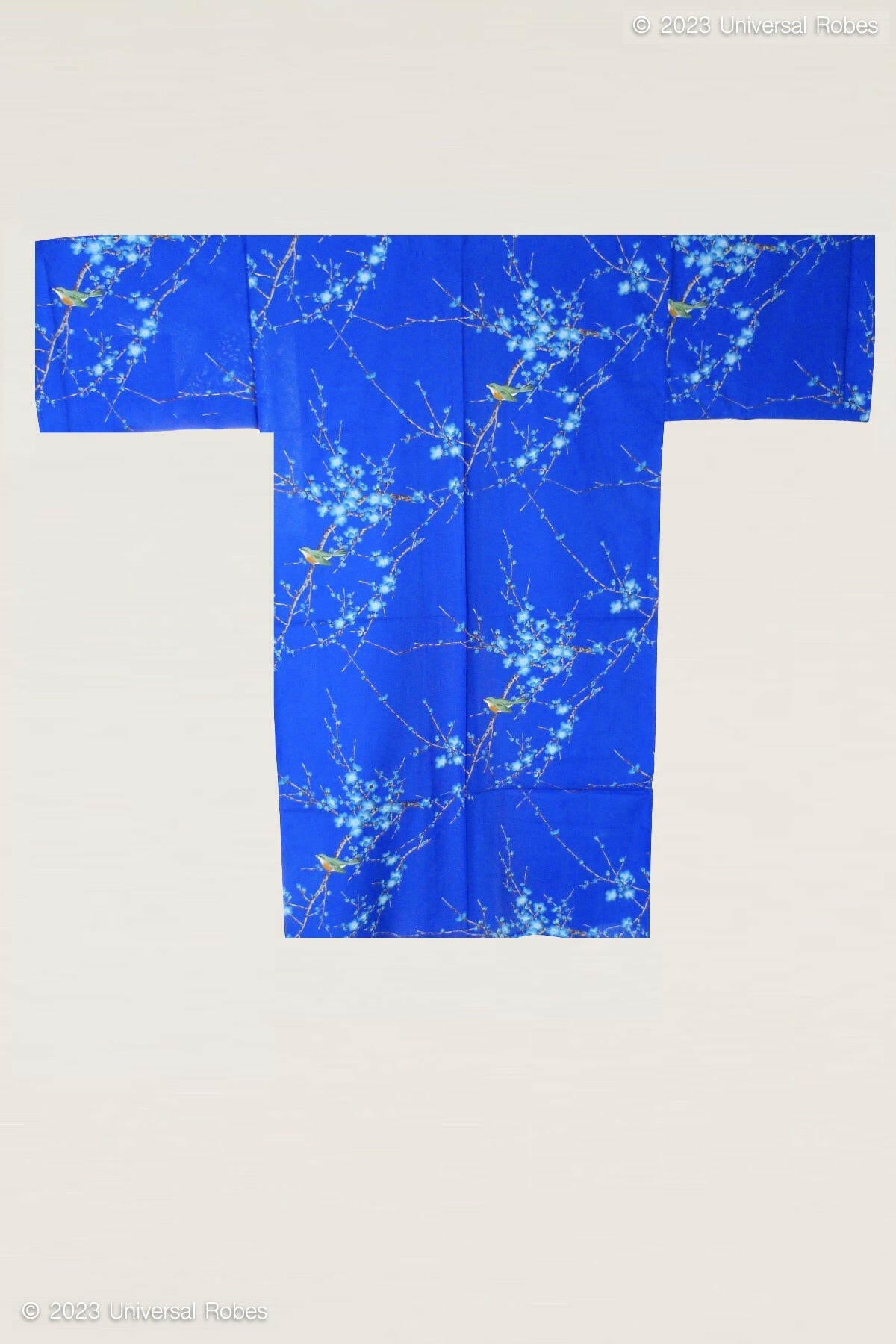 <Plus Size> Women Plum & Bush Warbler Cotton Yukata Kimono Color Blue Product Whole View