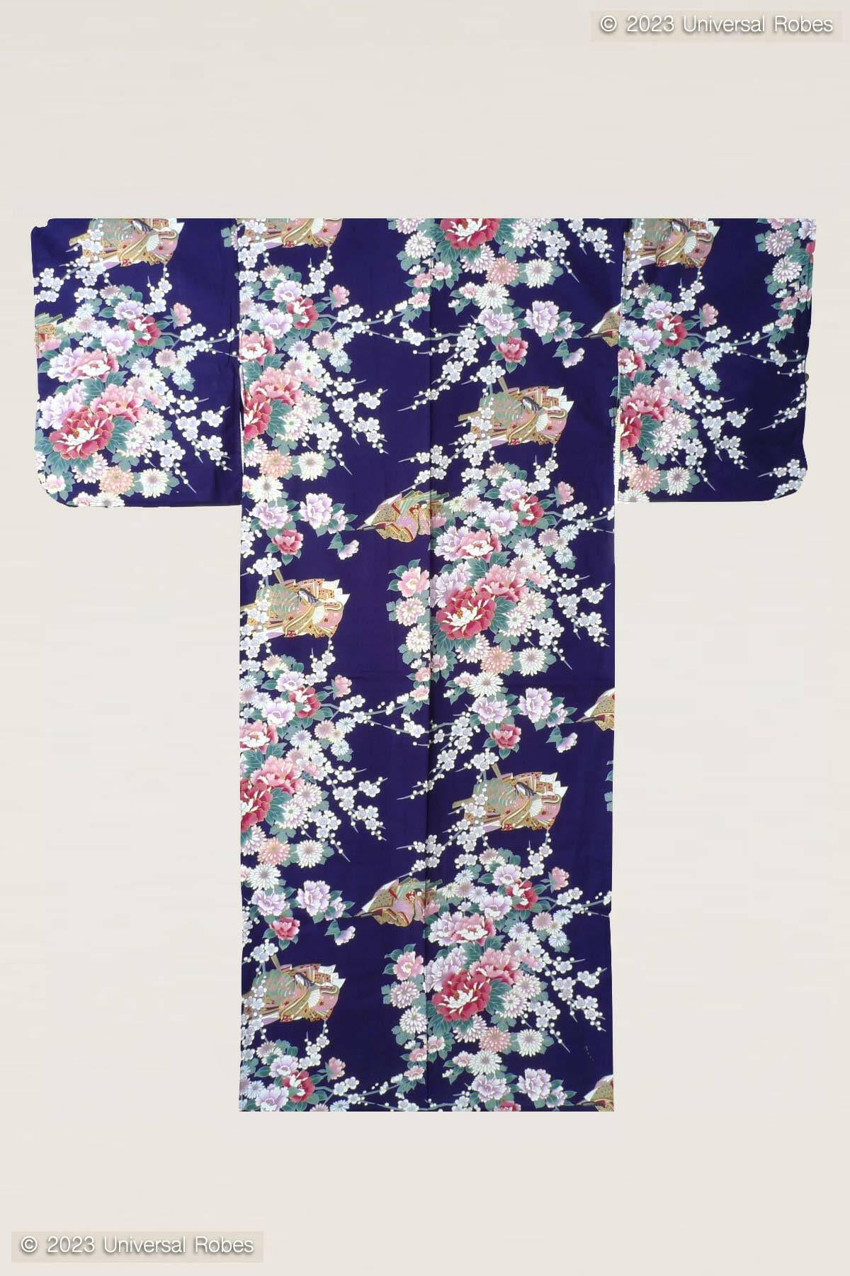 Women Princess & Peony Cotton Yukata Kimono Color Navy Product Whole View