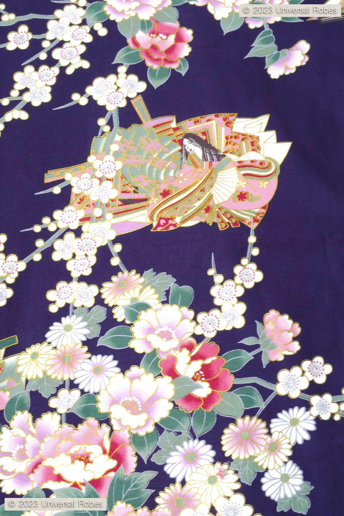 Women Princess & Peony Cotton Yukata Kimono Color Navy Product Zoom View