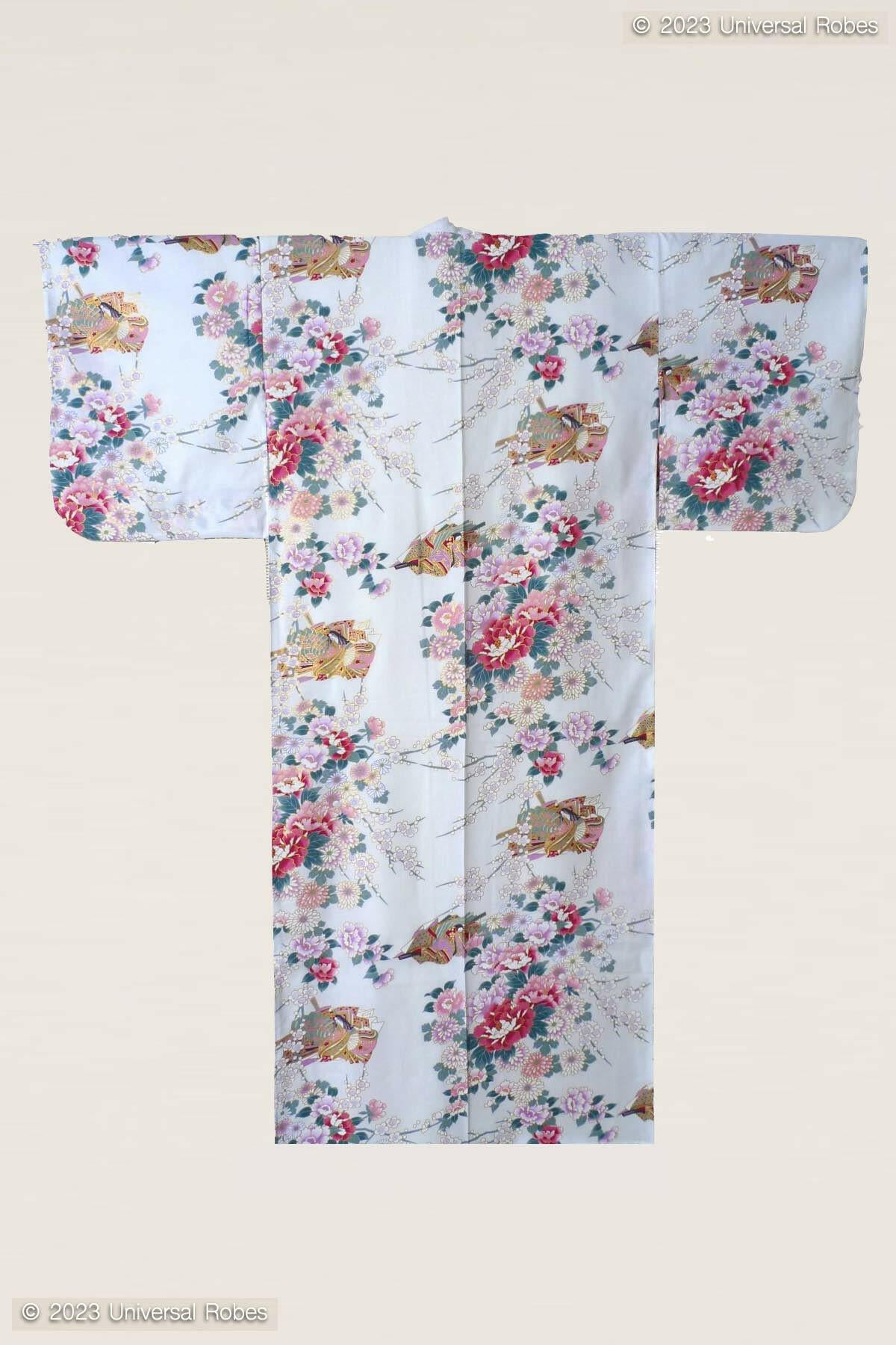 Women Princess & Peony Cotton Yukata Kimono Color White Product Whole View