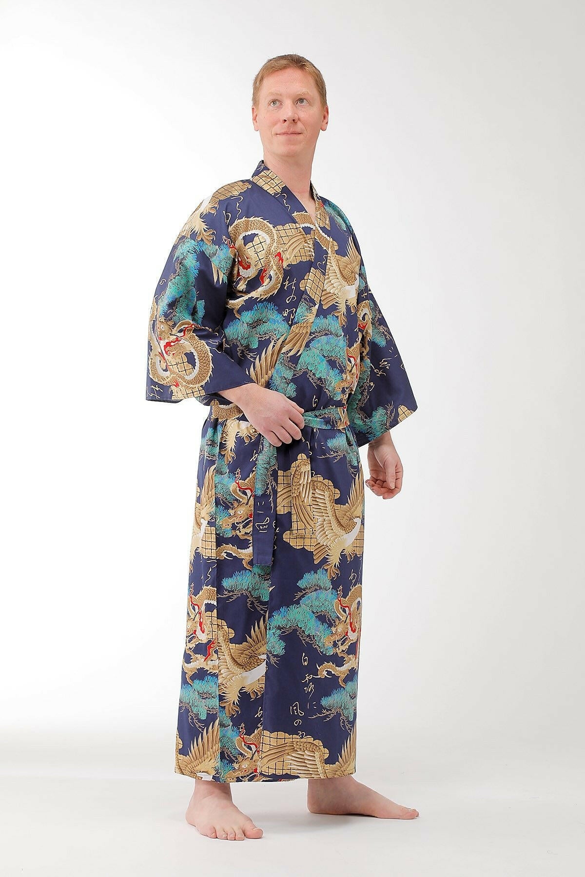 Men Dragon & Eagle Cotton Sateen Kimono Color Navy Model Front View