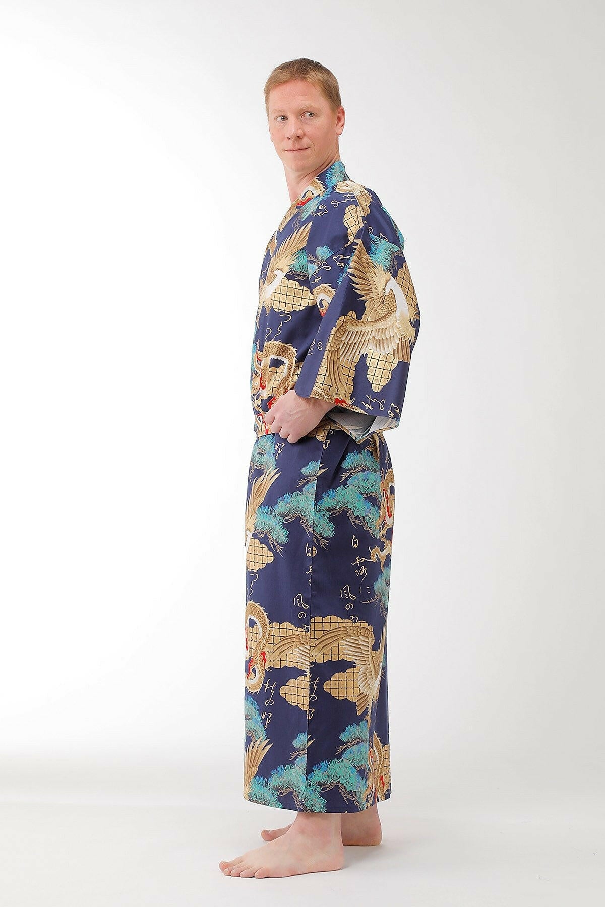 Men Dragon & Eagle Cotton Sateen Kimono Color Navy Model Side View