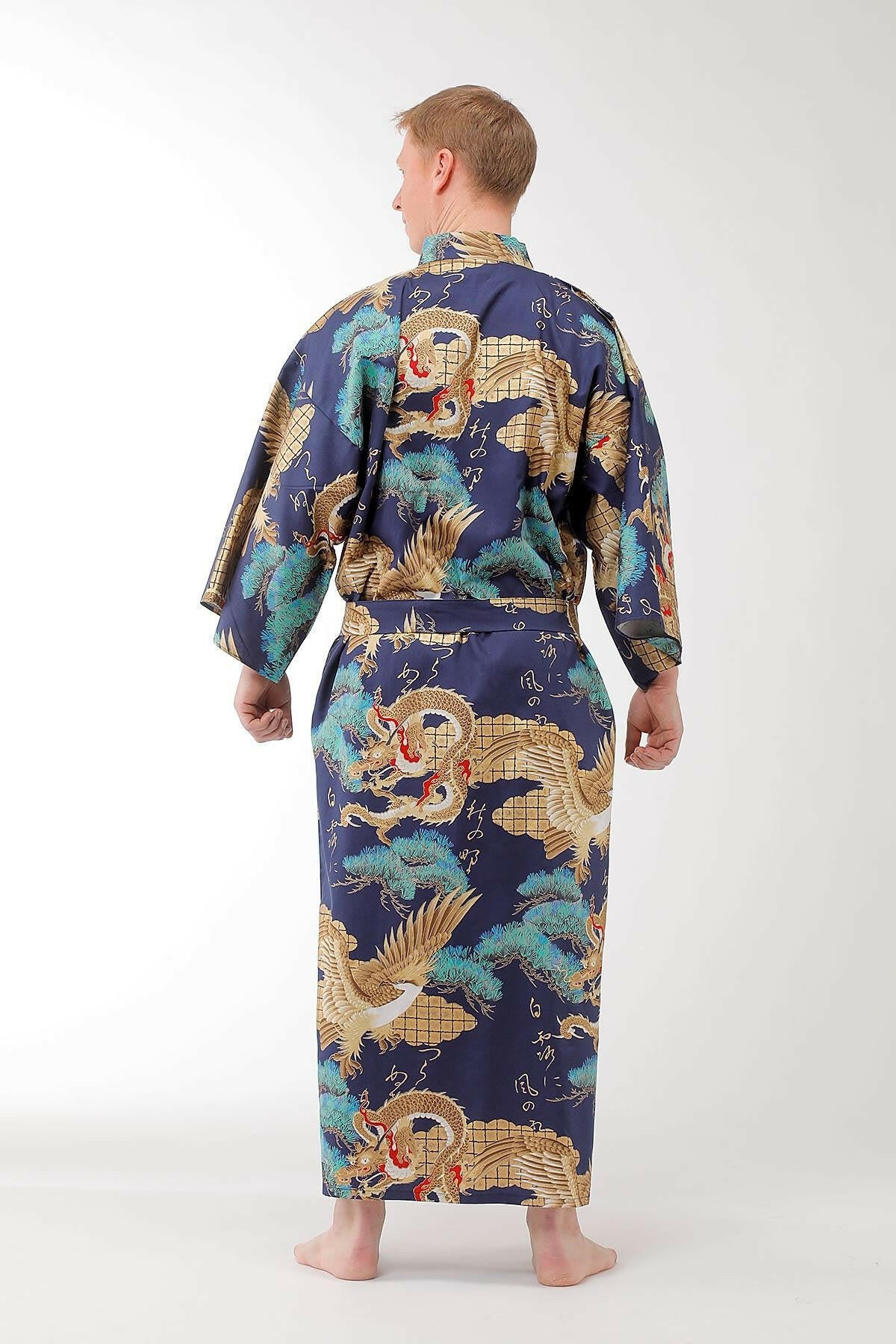 Men Dragon & Eagle Cotton Sateen Kimono Color Navy Model Rear View