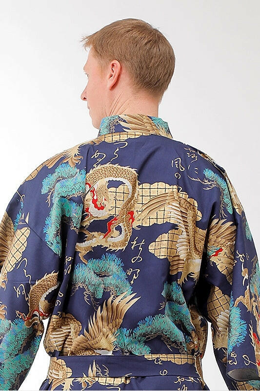 Men Dragon & Eagle Cotton Sateen Very Short Kimono Color Navy Model Rear View