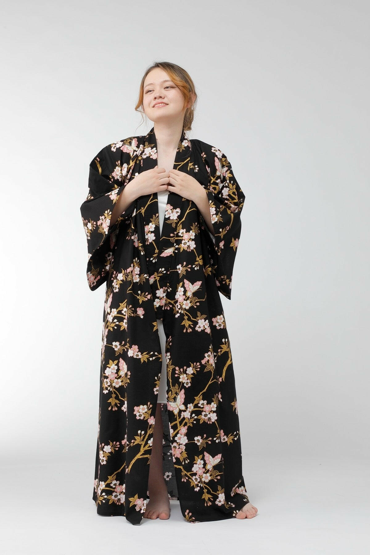 Women Cherry Blossoms & Butterfly Cotton Yukata Kimono Color Black Model Front No Belt View