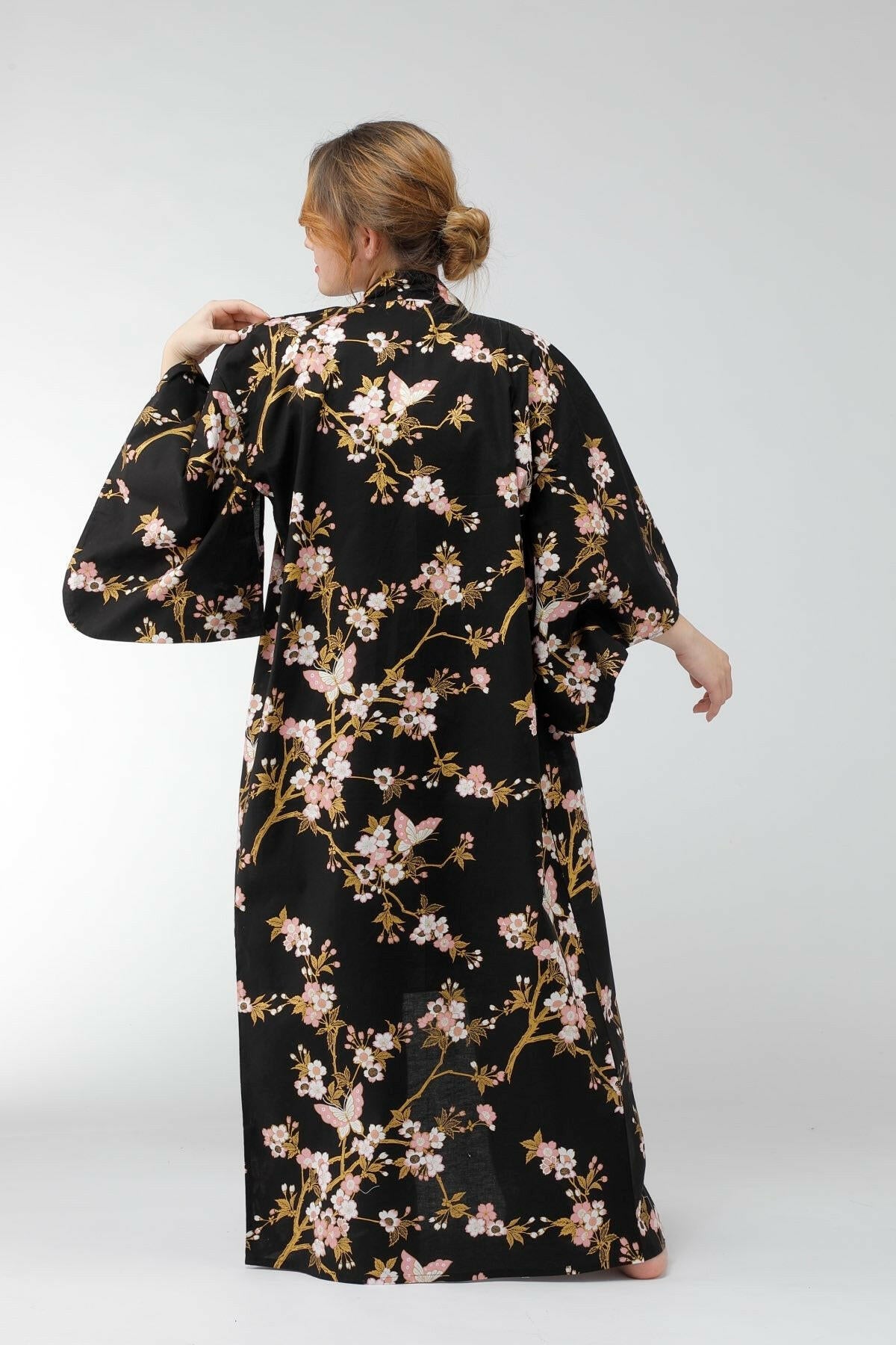 Women Cherry Blossoms & Butterfly Cotton Yukata Kimono Color Black Model Rear No Belt View