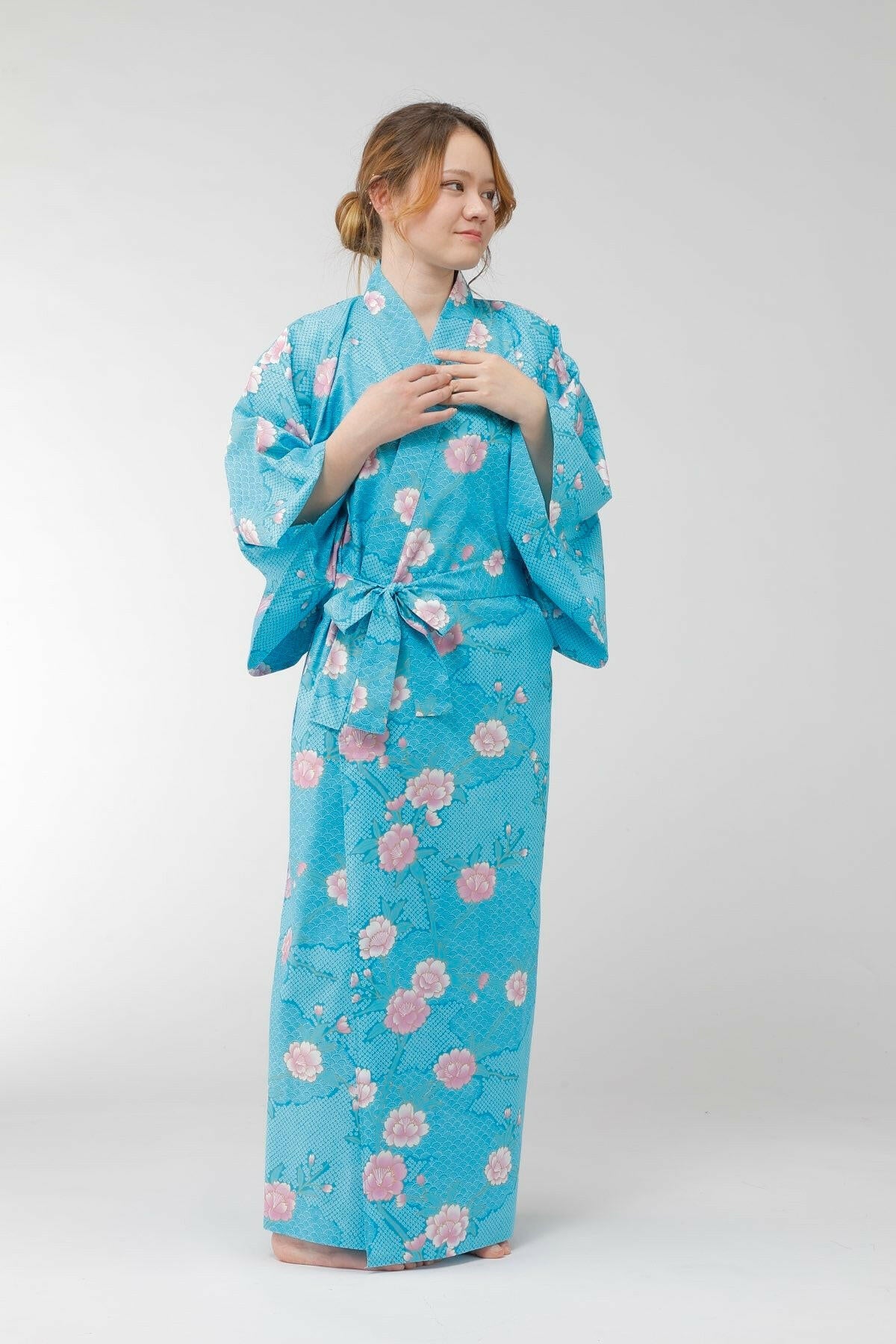 Women Sakura on Cloud Pattern Cotton Yukata Kimono Color Turquoise Model Front View