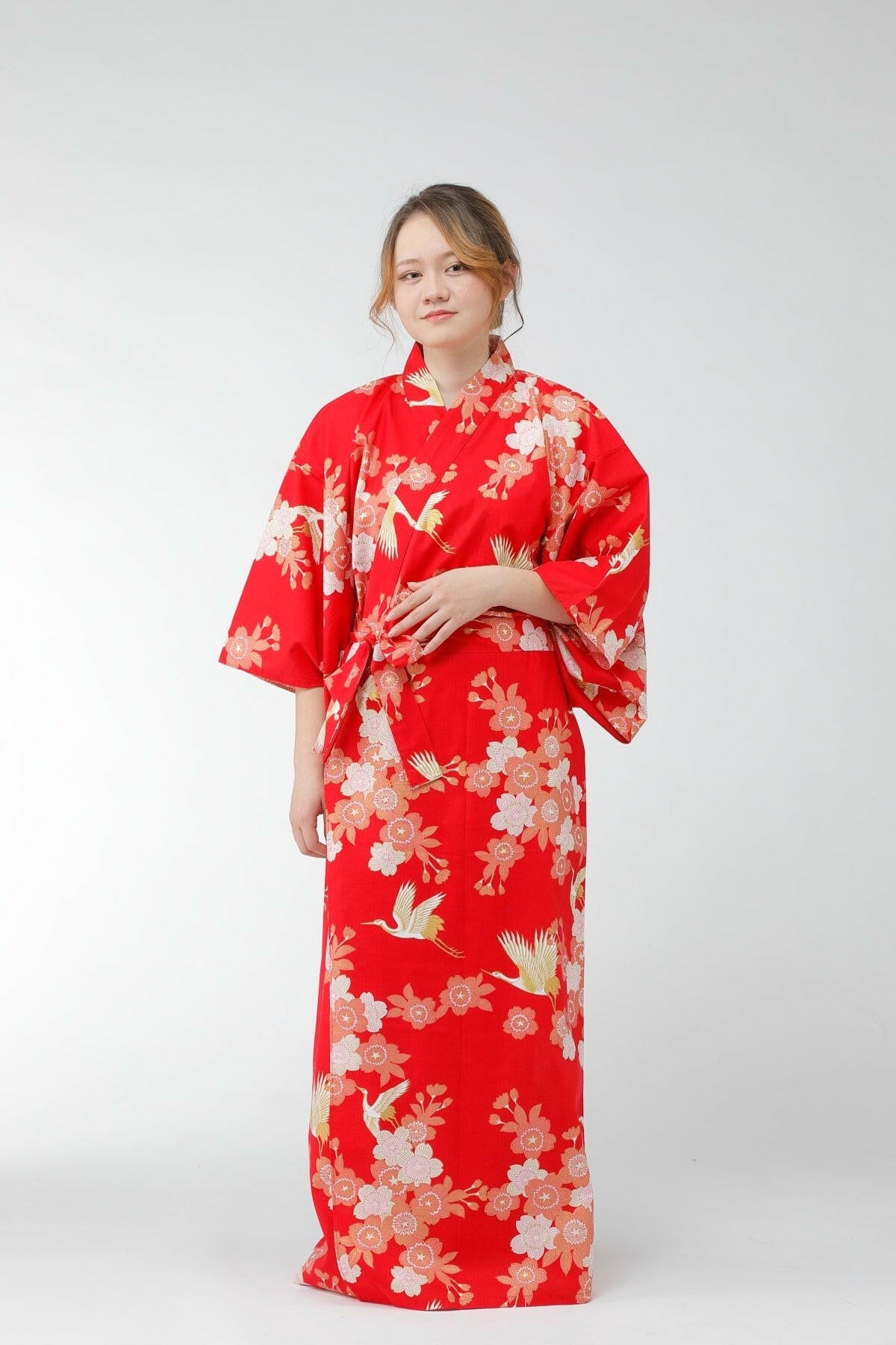 Women Cherry Blossoms & Crane Cotton Yukata Kimono Color Red Model Front View