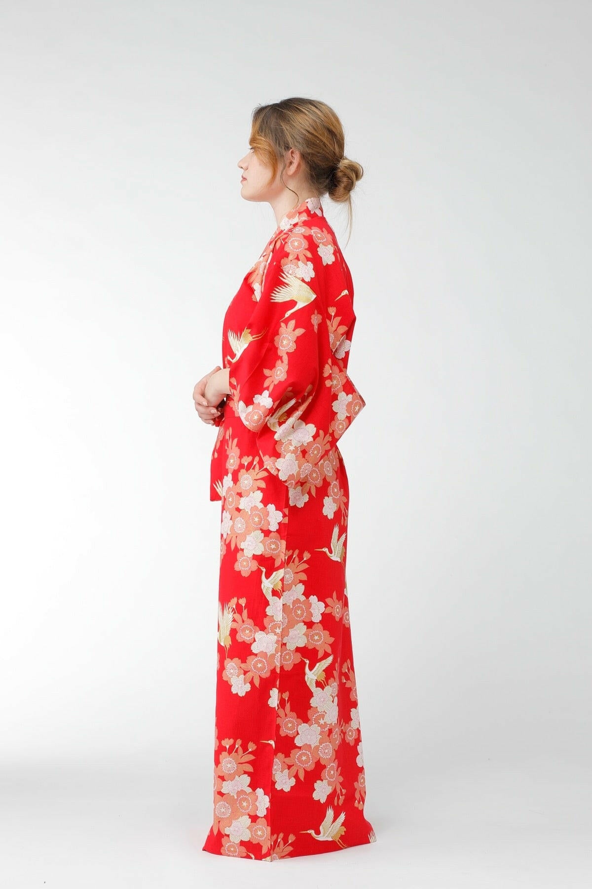 Women Cherry Blossoms & Crane Cotton Yukata Kimono Color Red Model Side View