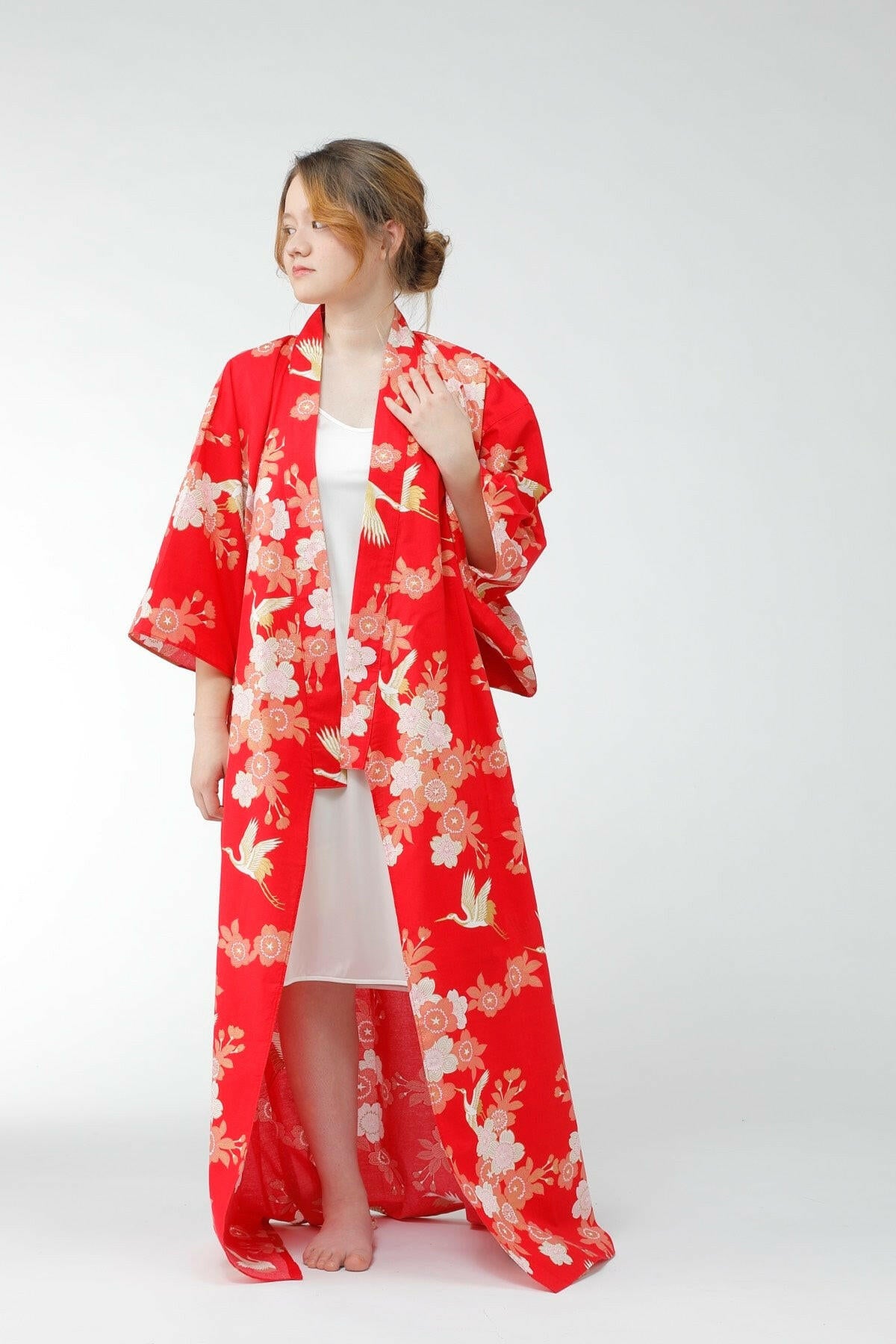 Women Cherry Blossoms & Crane Cotton Yukata Kimono Color Red Model Front No Belt View