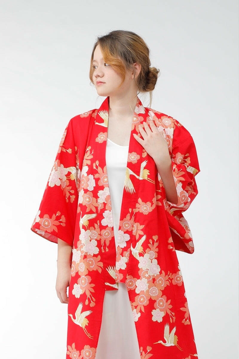 Women Cherry Blossoms & Crane Cotton Short Yukata Kimono Color Red Model Front No Belt View