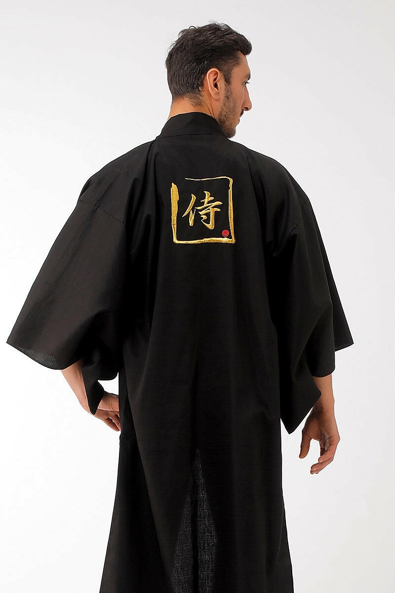 Men Samurai Cotton Short Kimono Gold Model Rear View