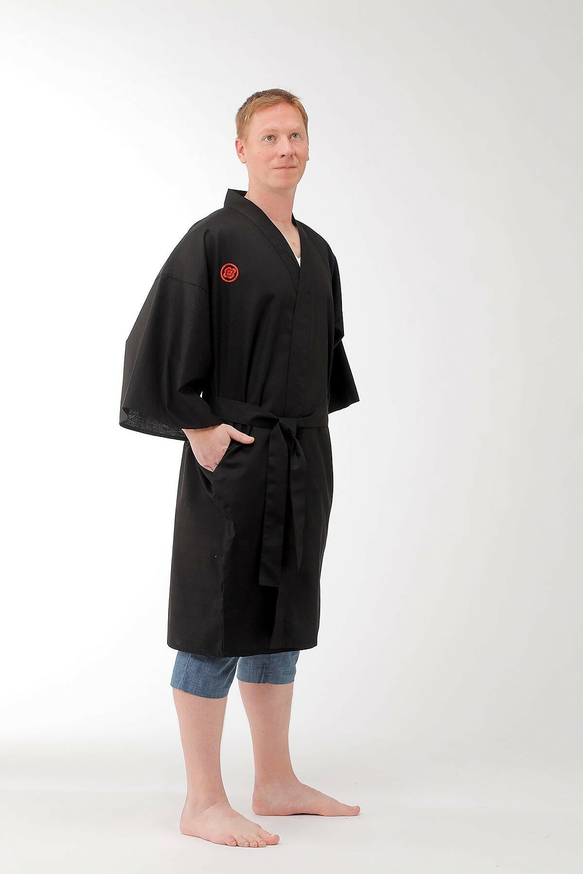 Men Samurai Cotton Short Kimono Silver Model Side View