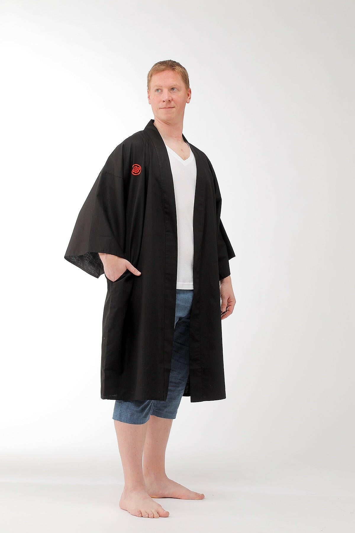 Men Samurai Cotton Short Kimono Silver Model Front No Belt View