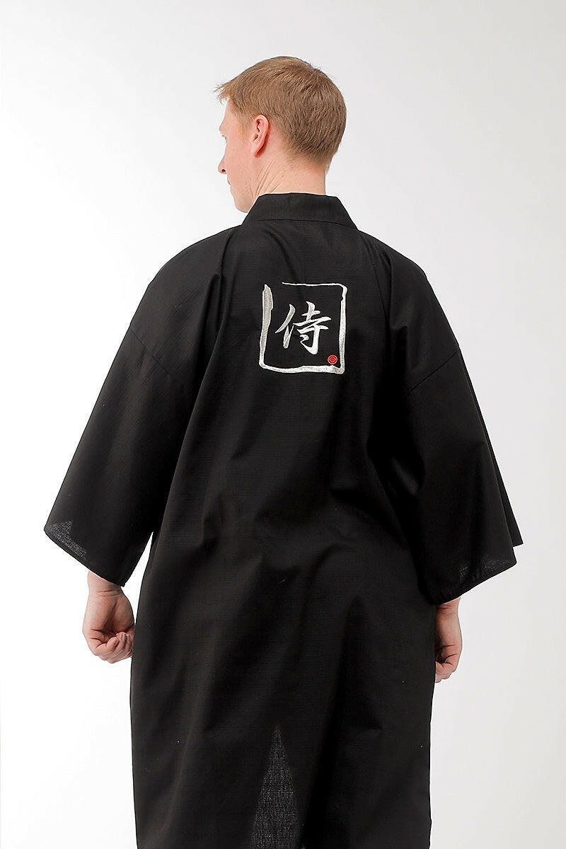 Men SAMURAI Cotton Kimono Silver Model Rear View
