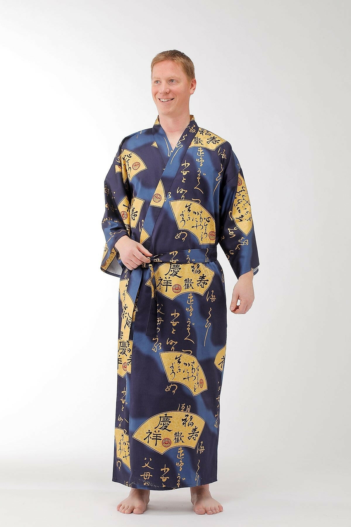 Men Golden Folding Fan Cotton Sateen Kimono Color Navy Model Front View