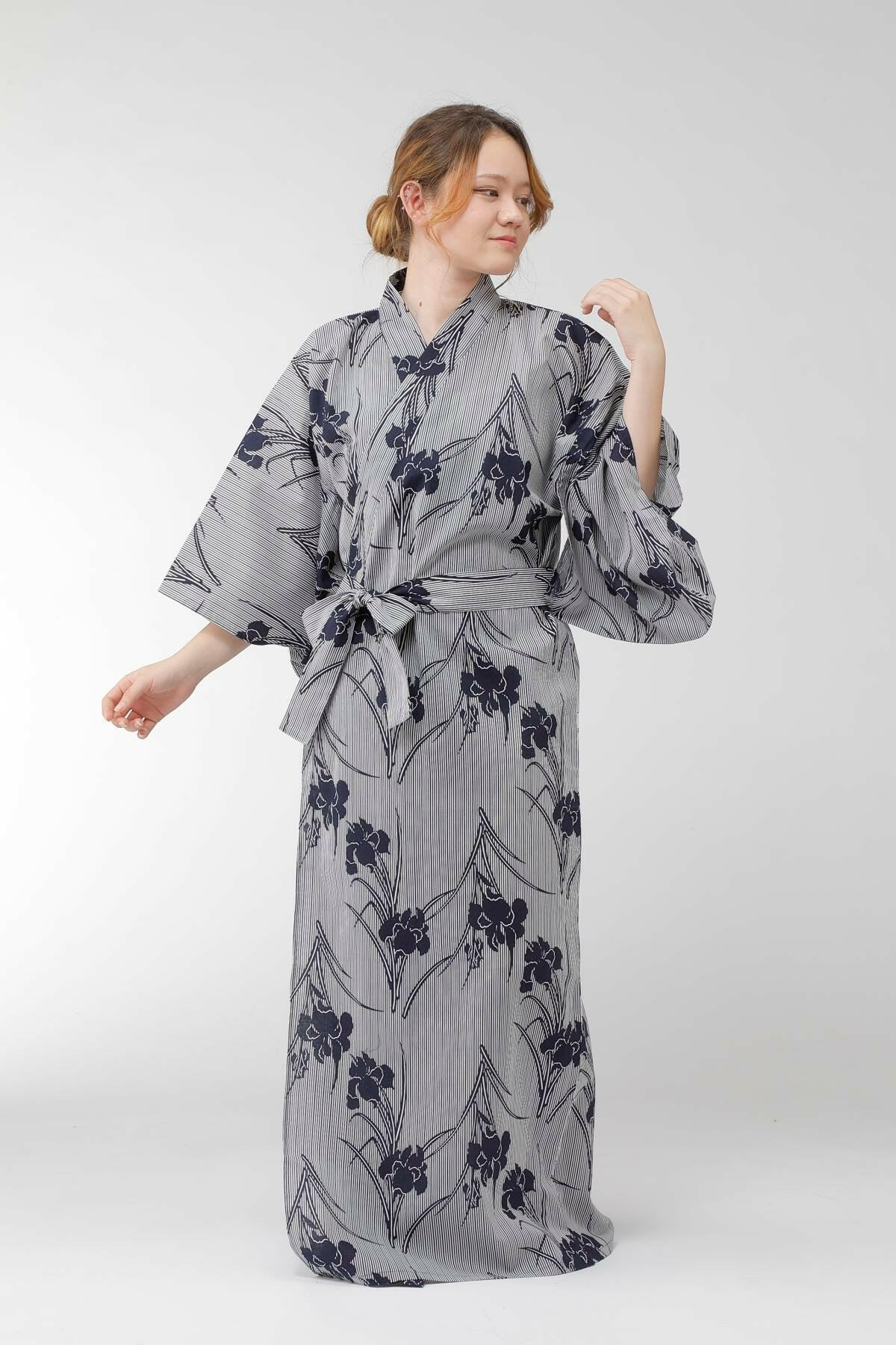 Women Iris & Stripe Cotton Yukata Kimono Color Navy Model Front View