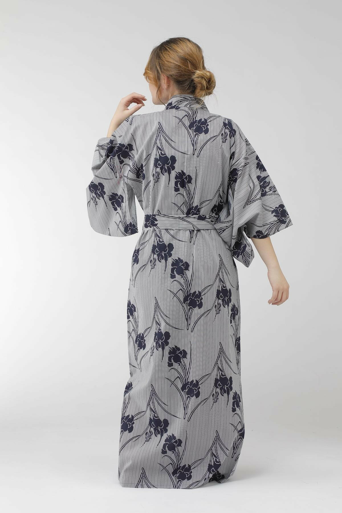 Women Iris & Stripe Cotton Yukata Kimono Color Navy Model Rear View