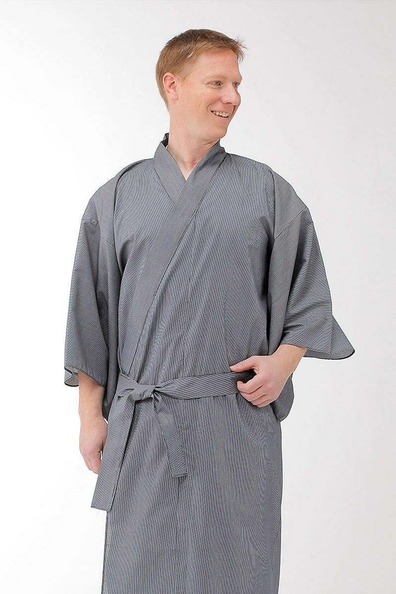 Men Stripe Cotton Short Yukata Kimono Model Front View