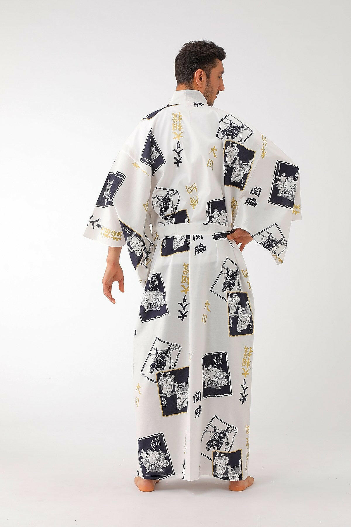 Men SUMO Wrestler Cotton Yukata Kimono Color White Model Rear View