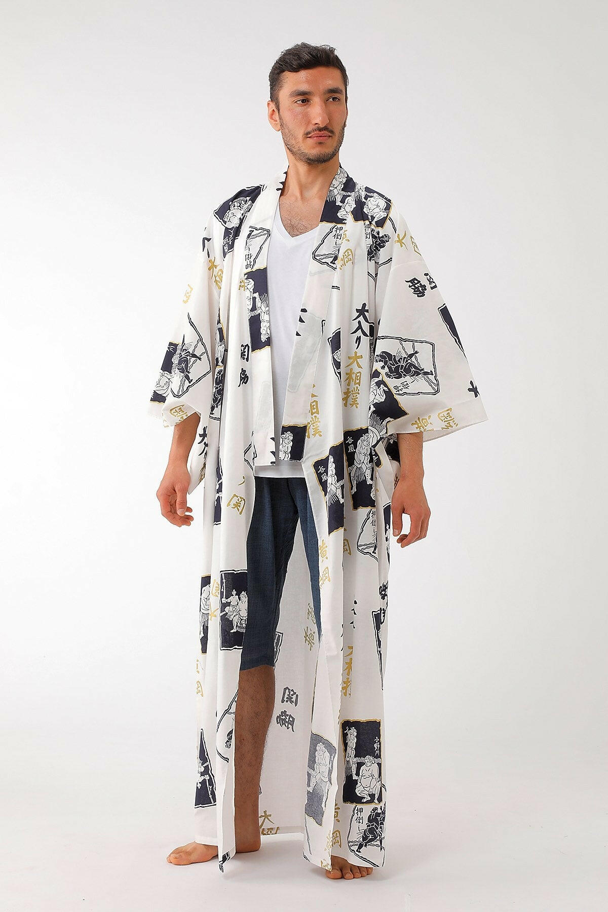 Men SUMO Wrestler Cotton Yukata Kimono Color White Model Front No Belt View