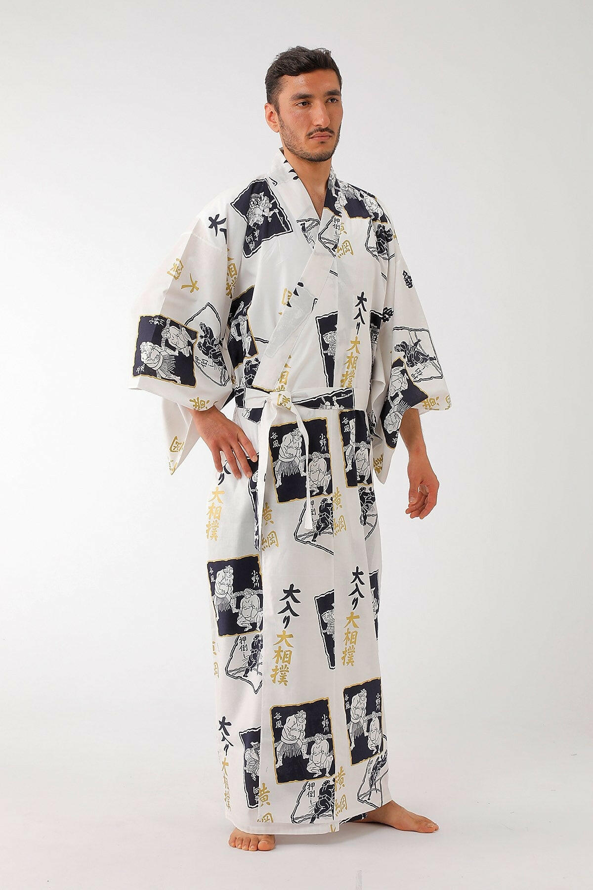 Men SUMO Wrestler Cotton Yukata Kimono Color White Model Side View