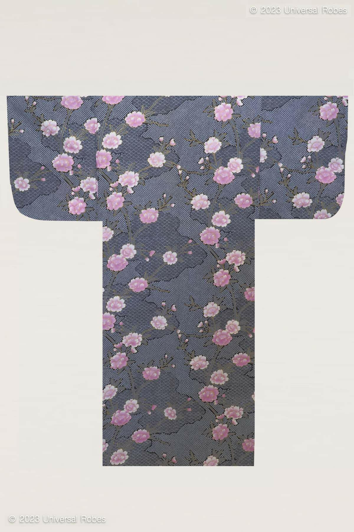 Women Sakura on Cloud Pattern Cotton Yukata Kimono Color Black Product Whole View
