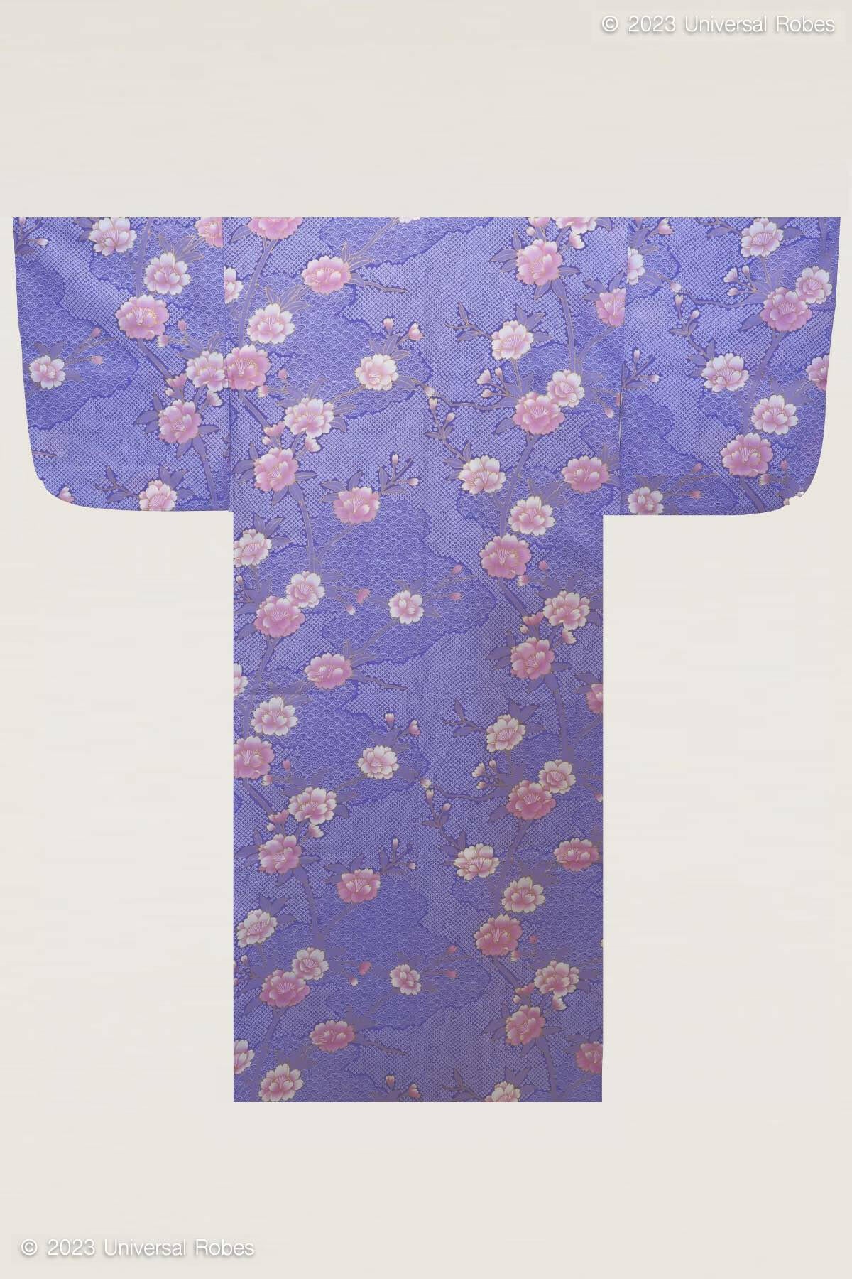 Women Sakura on Cloud Pattern Cotton Yukata Kimono Color Purple Product Whole View