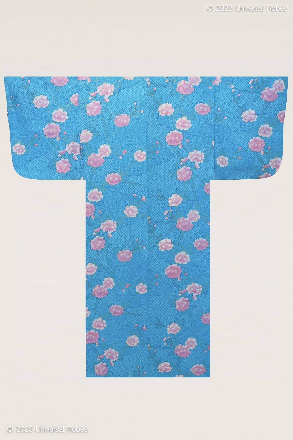 Women Sakura on Cloud Pattern Cotton Yukata Kimono Color Turquoise Product Whole View