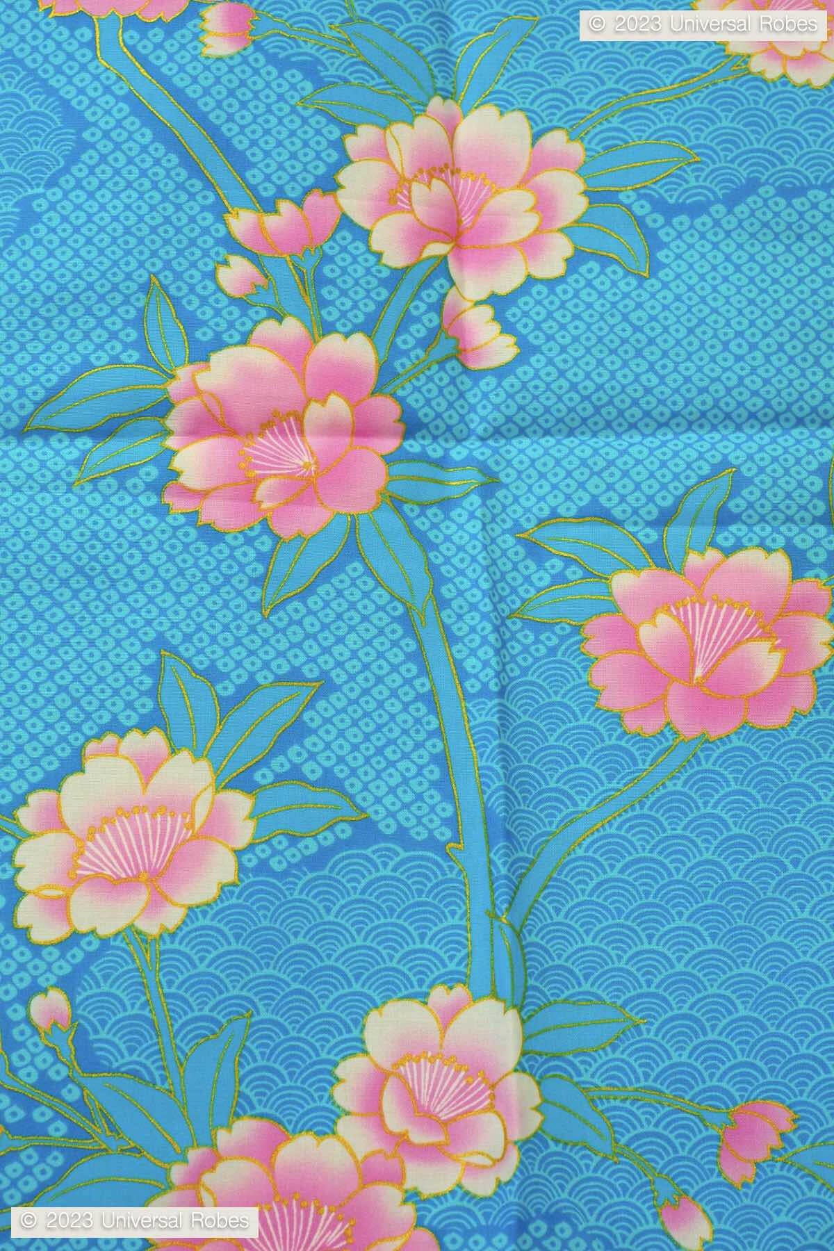 Women Sakura on Cloud Pattern Cotton Yukata Kimono Color Turquoise Product Zoom View