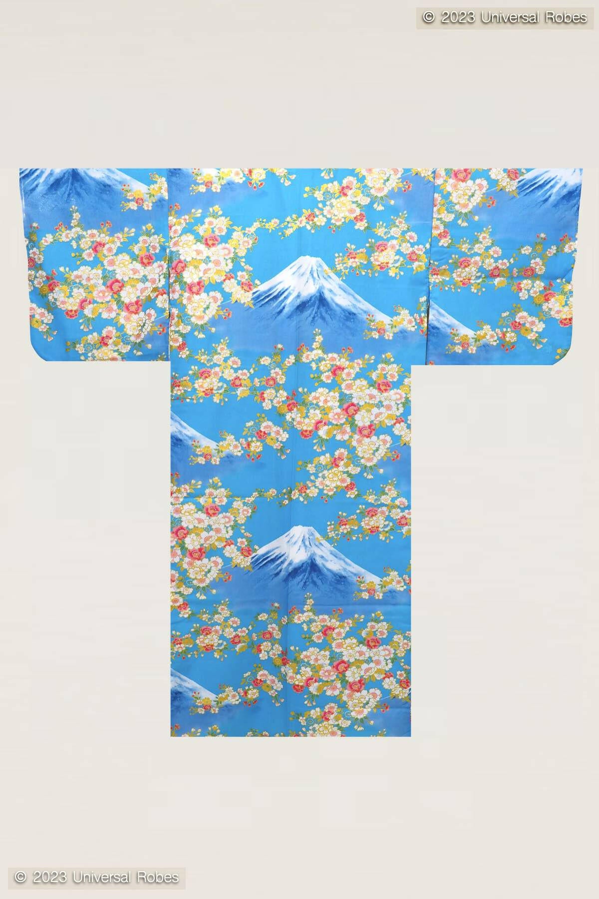Women Sakura on Mt. Fuji Cotton Yukata Kimono Color Blue Product Whole View