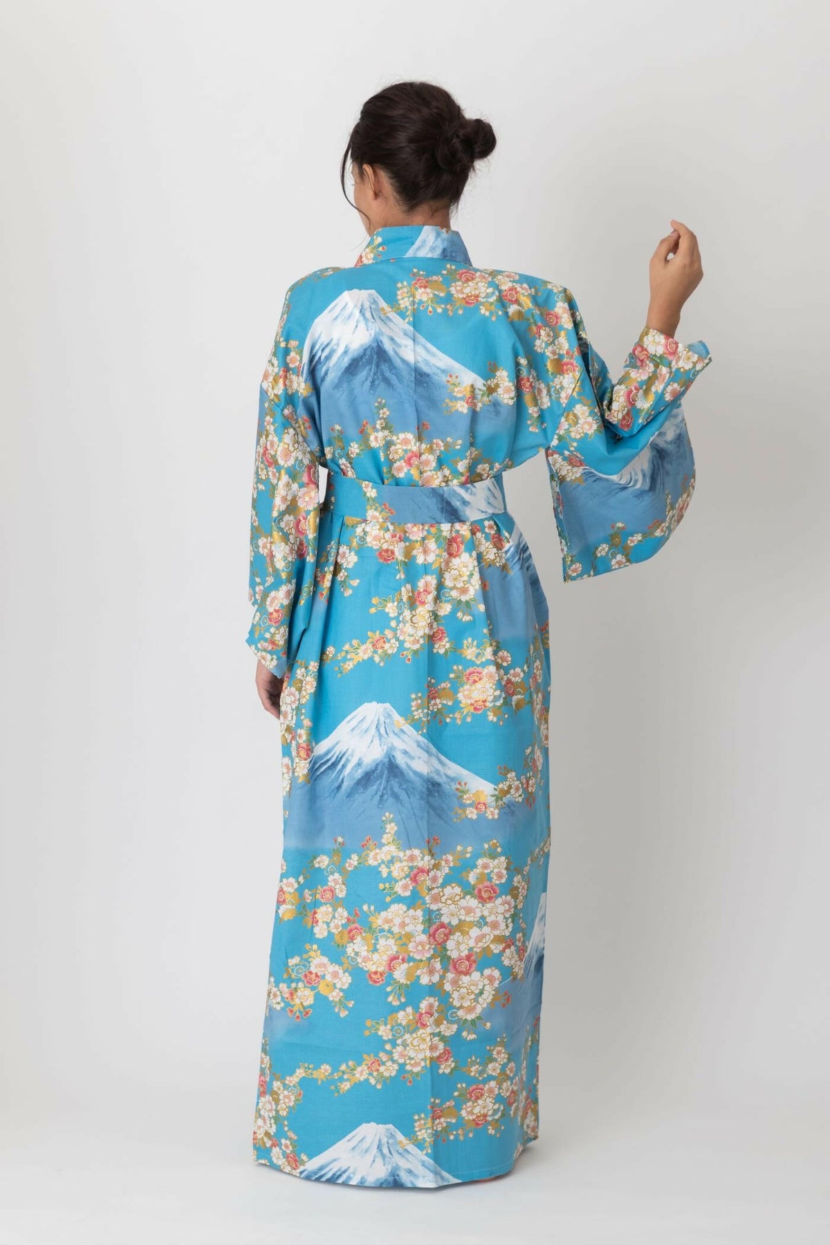 Women Sakura on Mt. Fuji Cotton Yukata Kimono Color Blue Model Rear View