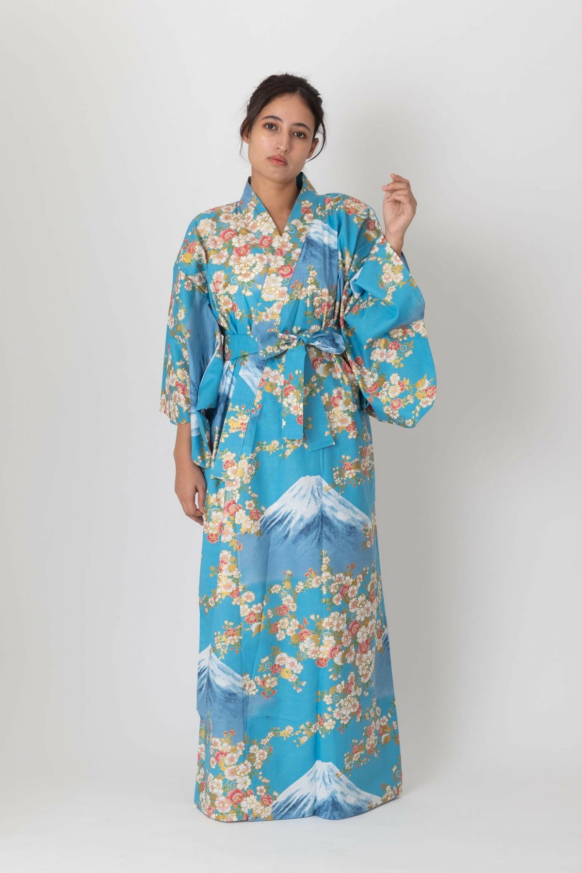 Women Sakura on Mt. Fuji Cotton Yukata Kimono Color Blue Model Front View
