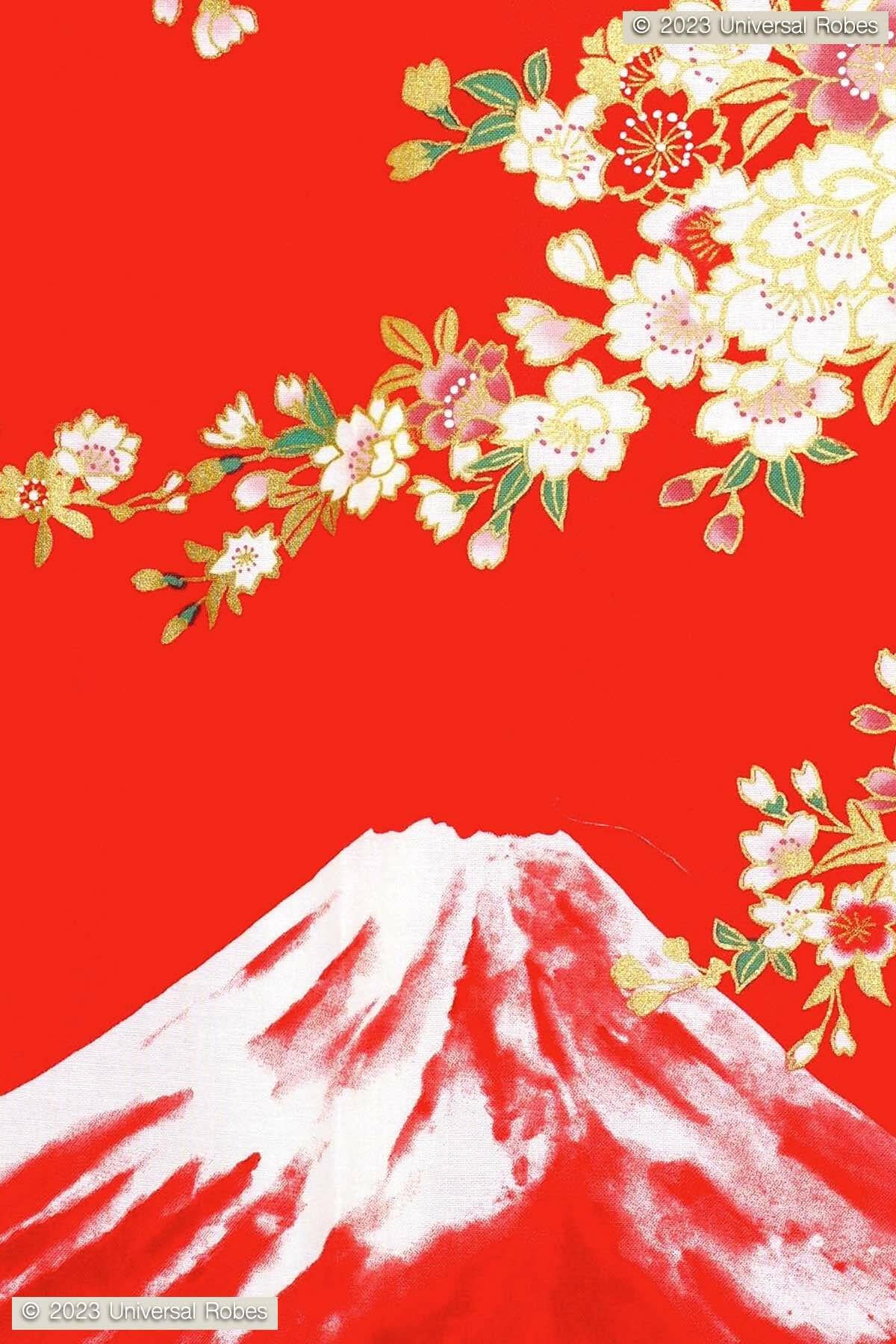 Women Sakura on Mt. Fuji Cotton Yukata Kimono Color Red Product Zoom View