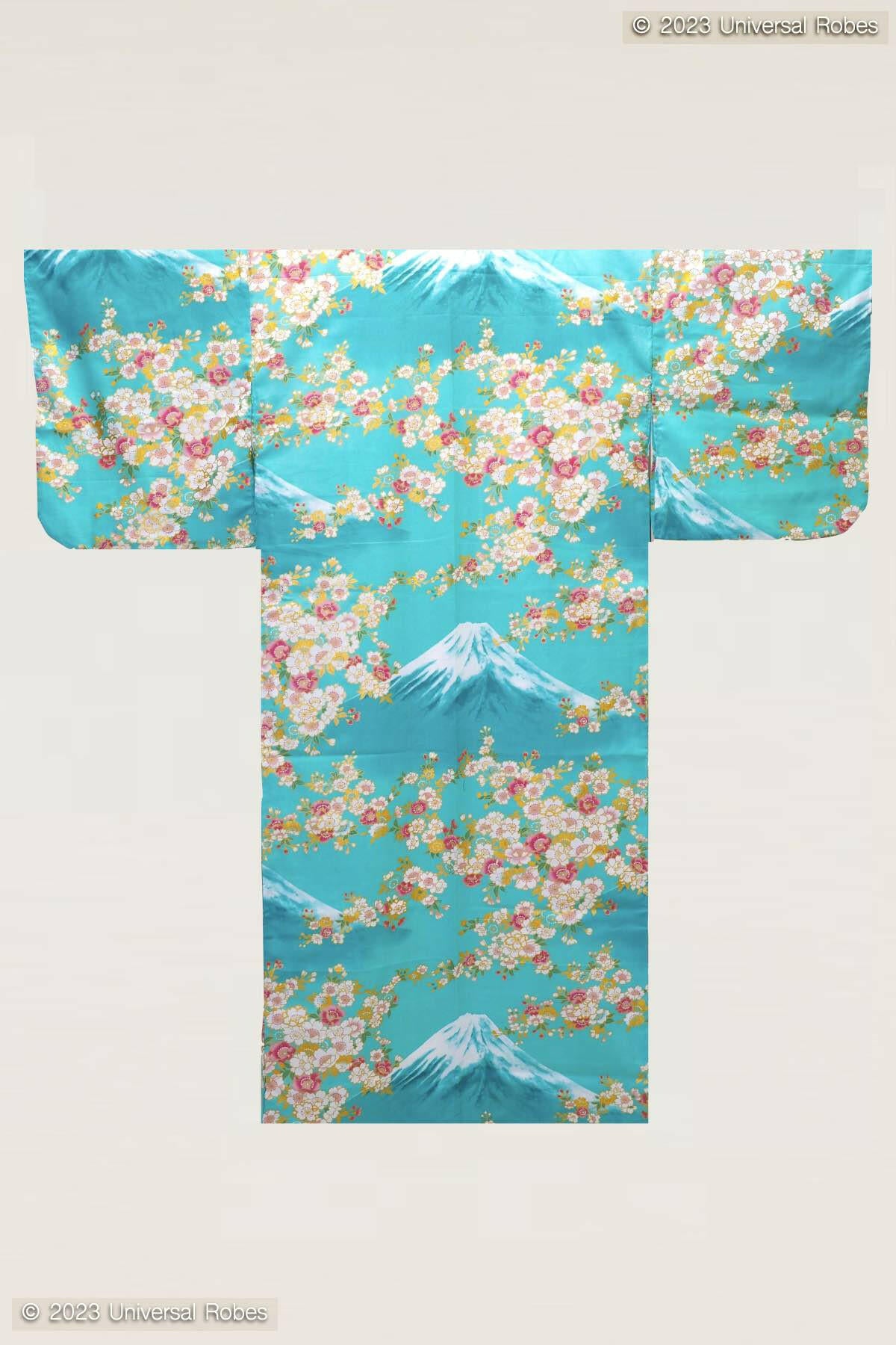 Women Sakura on Mt. Fuji Cotton Yukata Kimono Color Turquoise Product Whole View