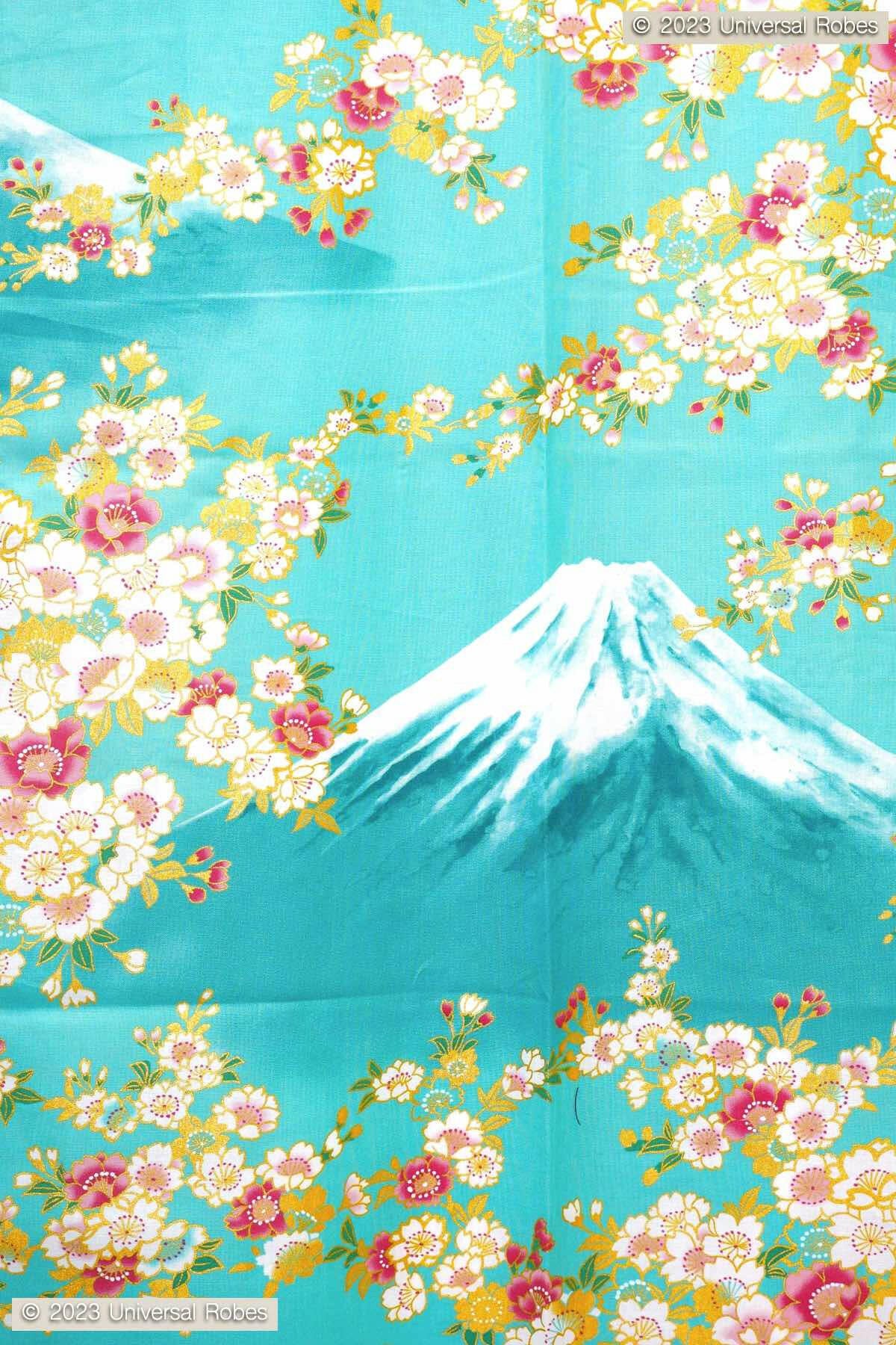 Women Sakura on Mt. Fuji Cotton Yukata Kimono Color Turquoise Product Zoom View