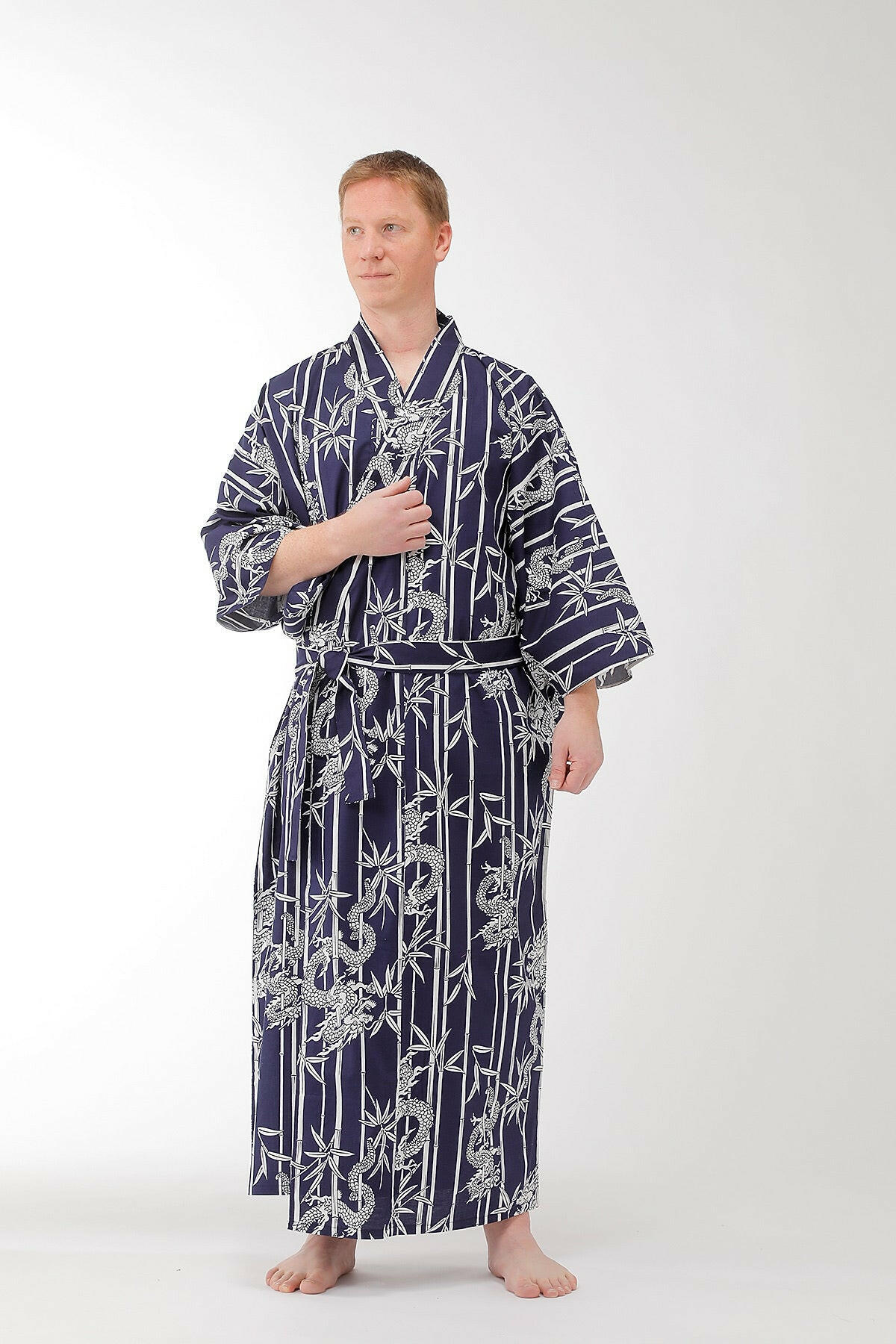 Men Bamboo & Dragon Cotton Yukata Kimono Model Front View